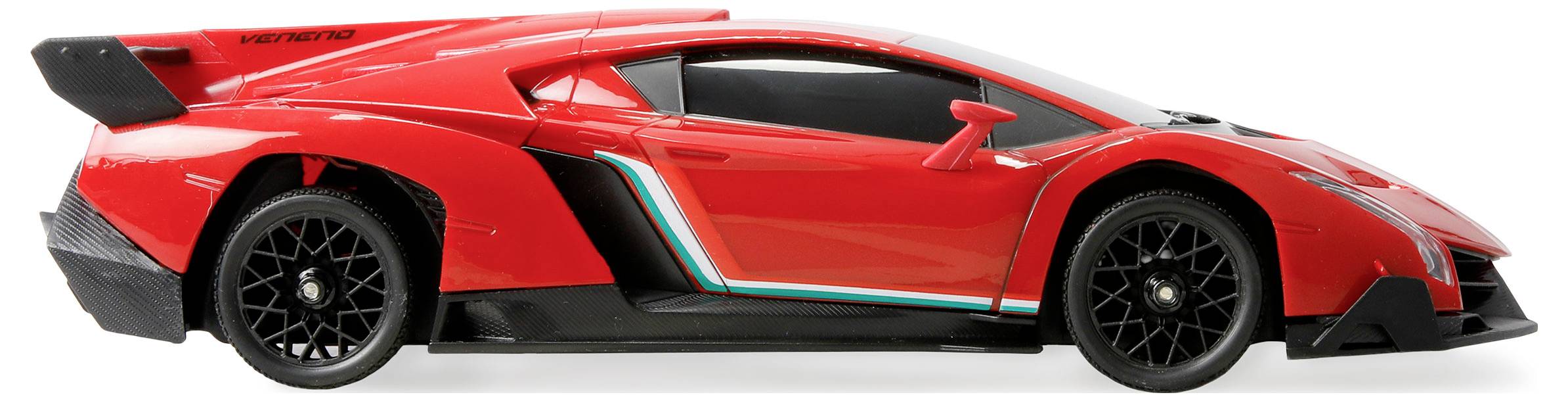 Ein roter Sportwagen mit schlankem, aerodynamischem Design, schwarzen Akzenten und getönten Scheiben, aus der Seitenansicht auf weißem Hintergrund dargestellt.