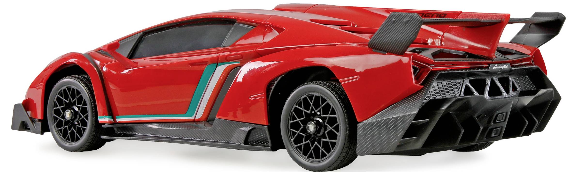 Ein rotes Sportwagen-Modell mit großem Heckspoiler und aerodynamischem Design, ausgestattet mit schwarzen Akzenten und Rennstreifen an der Seite.