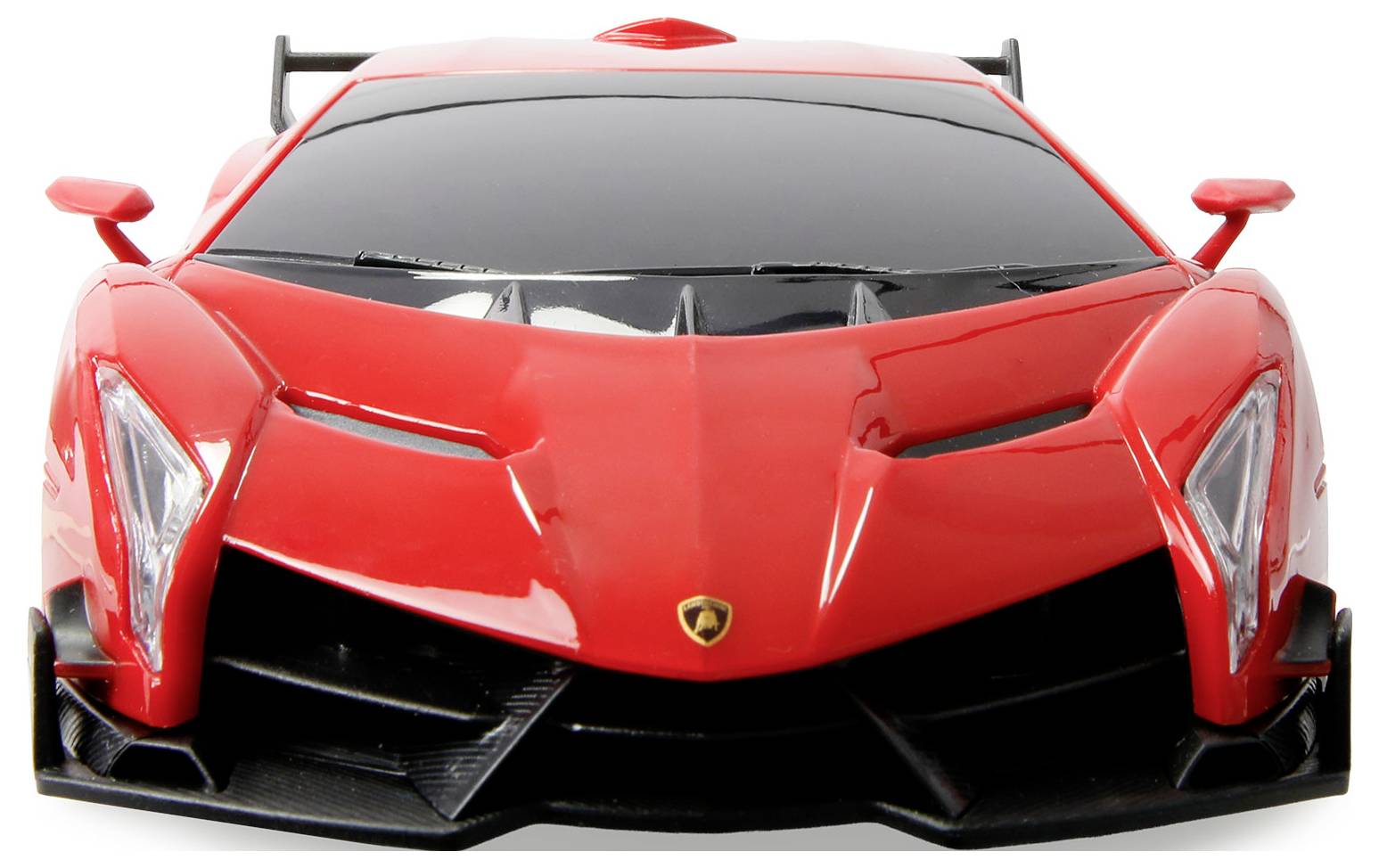 Ein roter Sportwagen, von vorne betrachtet, mit eleganten Linien, kantig geformten Scheinwerfern und glänzender Oberfläche, vor einem weißen Hintergrund.