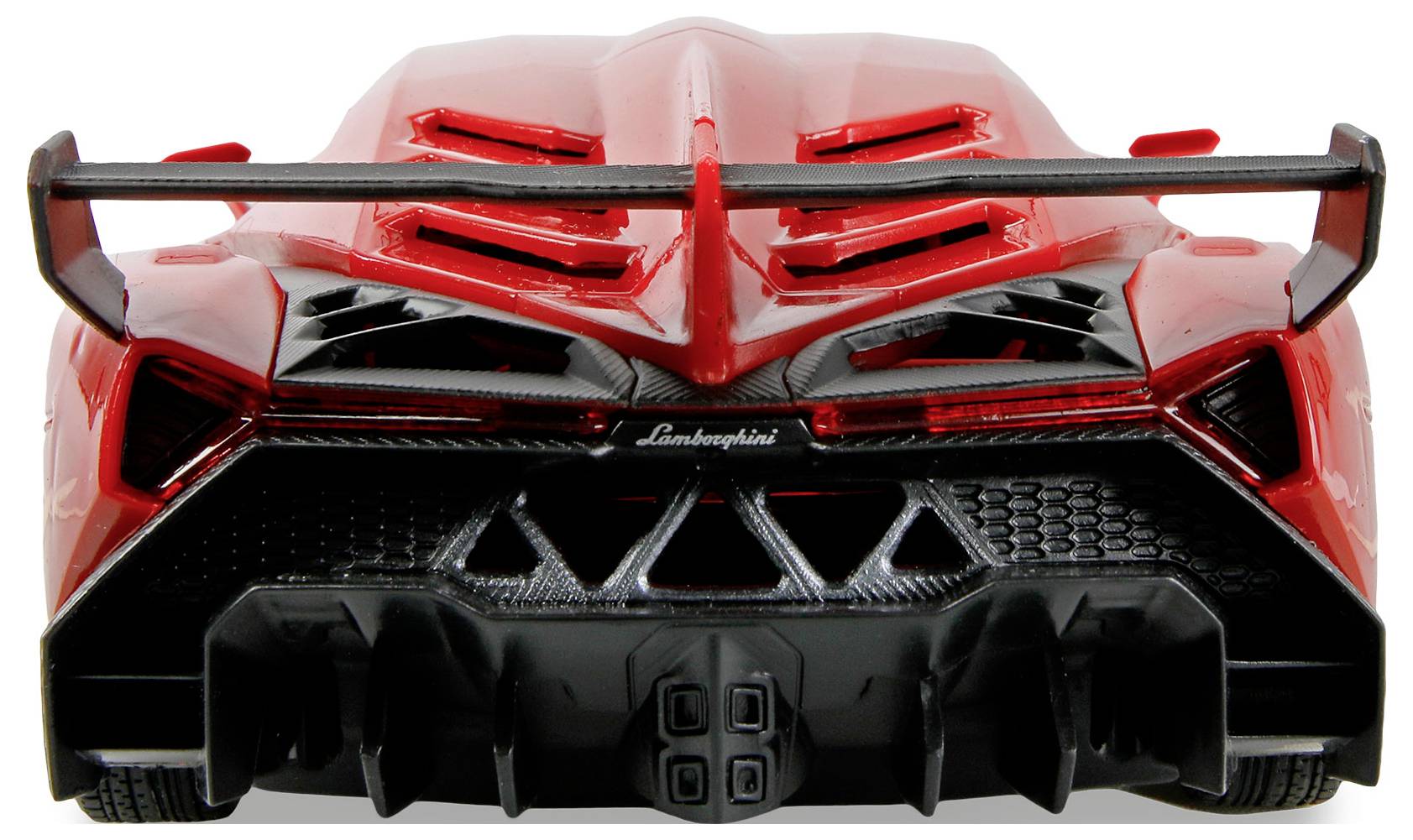 Ein roter Sportwagen, von hinten gesehen, mit einem markanten Spoiler, komplexer Heckgestaltung und Lamborghini-Logo auf einer glänzenden Oberfläche.