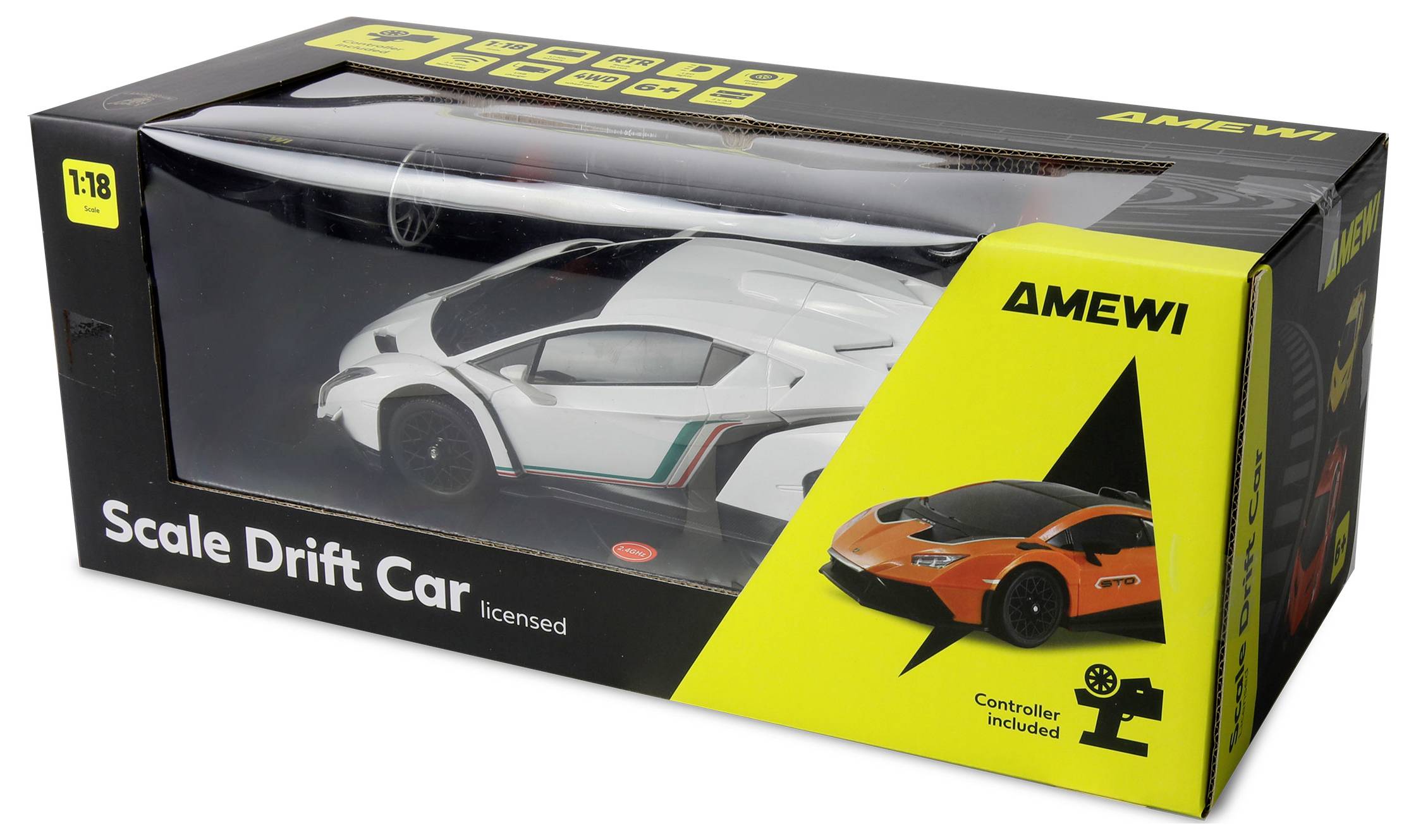 Amewi Veneno Drift Car Weiß Brushed 1:18 RC Modellauto Elektro Drift Allradantrieb (4WD) RtR 2,4GHz inkl. Akku und Ladekabel