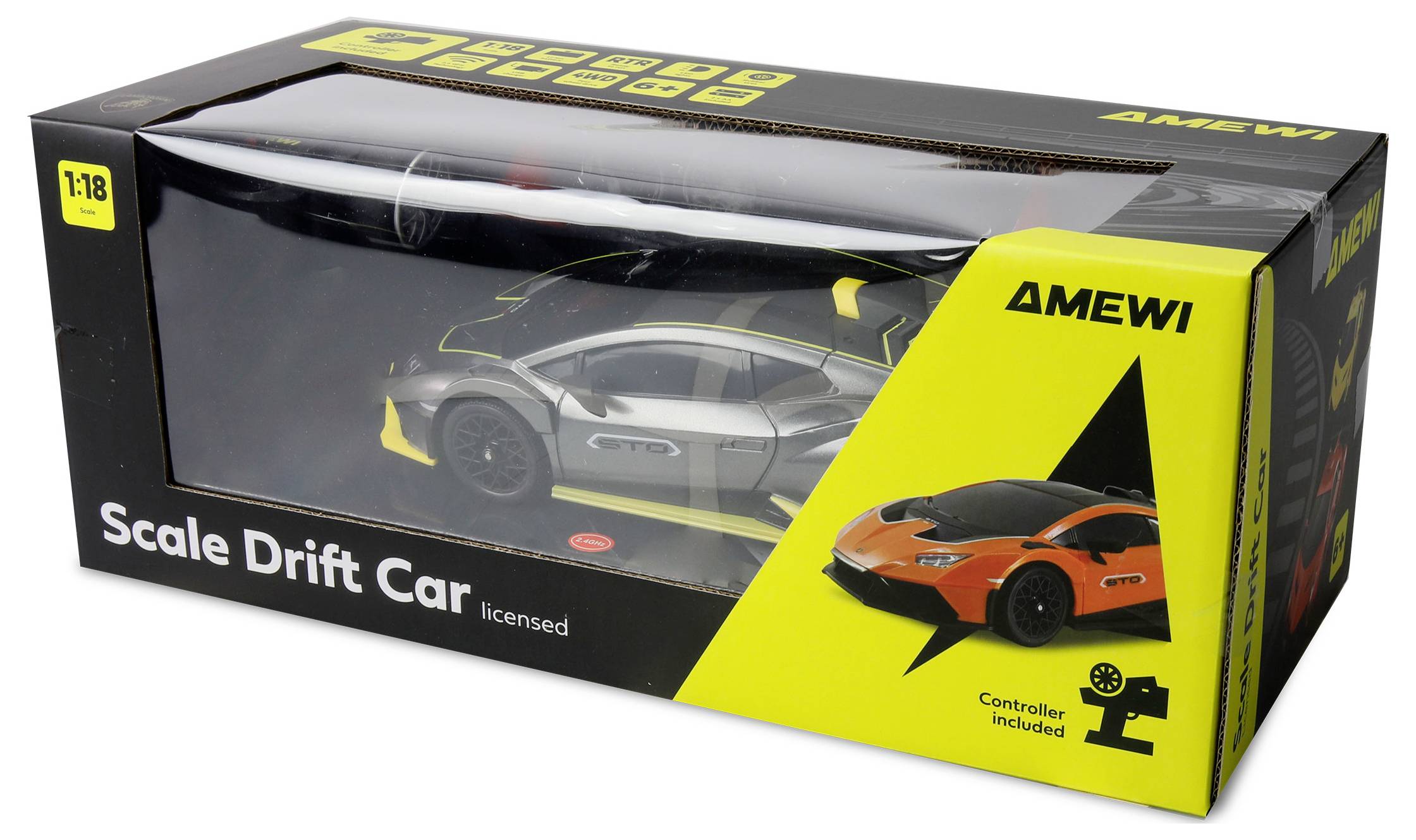 Karton mit einem Drift-Spielzeugauto im Maßstab 1:18, auf dem der Text 