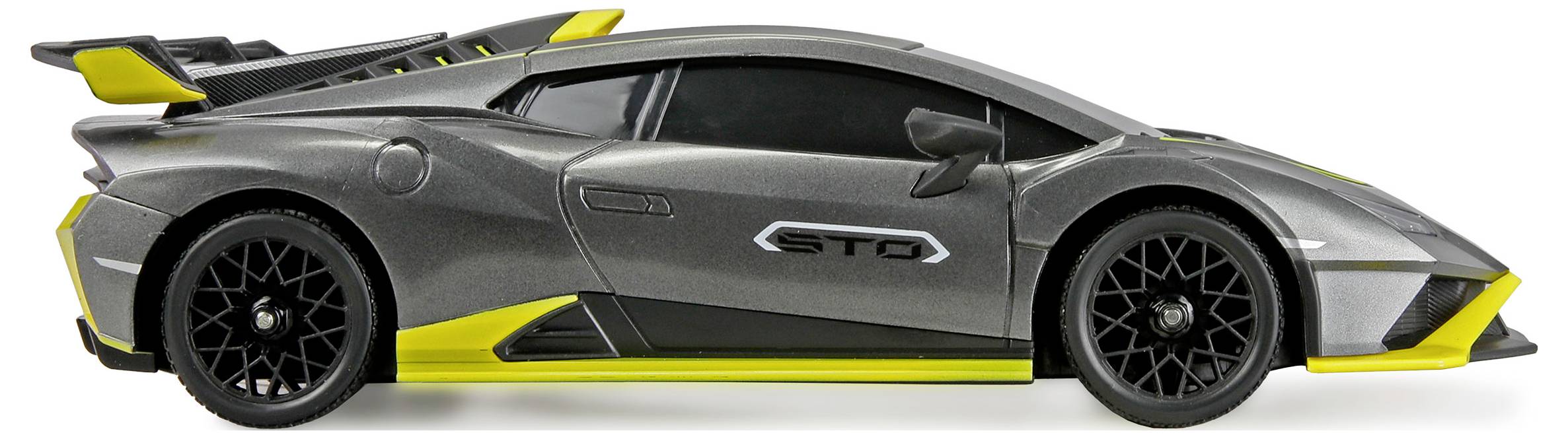 Ein schlanker grauer Sportwagen mit gelben Akzenten und einem Heckflügel, in Seitenansicht präsentiert, der ein sportliches Design und aerodynamische Merkmale zur Schau stellt.