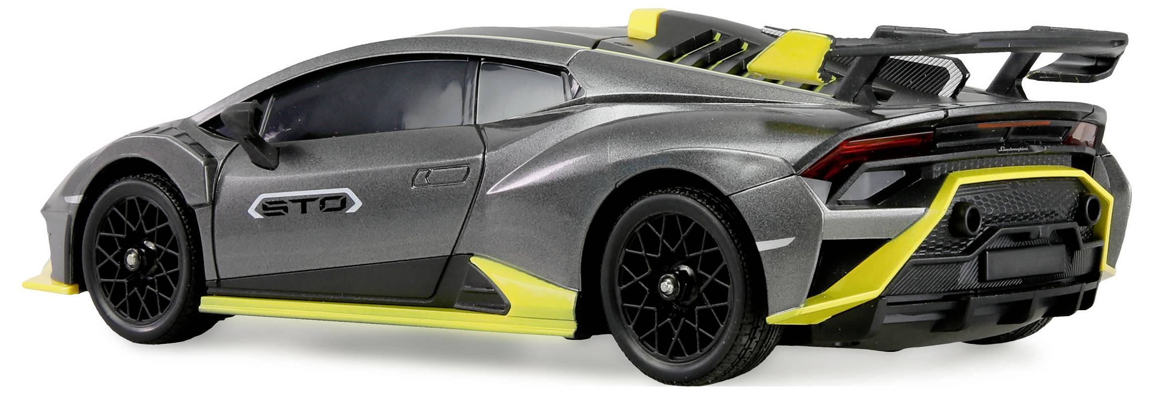 Ein schlankes, graues Sportwagen mit schwarzen Felgen und gelben Akzenten, von einer hinteren Seitenansicht gezeigt.