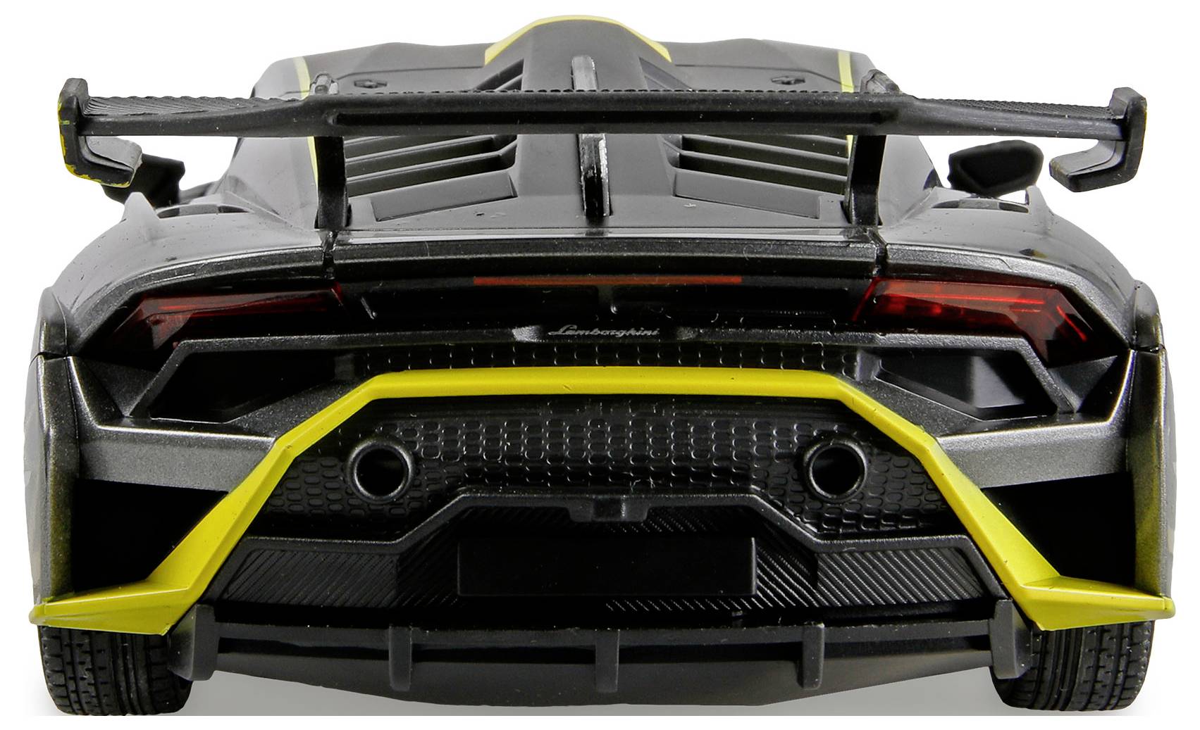 Ein schwarzes Sportwagen mit gelben Akzenten, von hinten betrachtet, ausgestattet mit einem großen Spoiler und Doppelendrohranlage, der ein schlankes Design und Geschwindigkeit veranschaulicht.