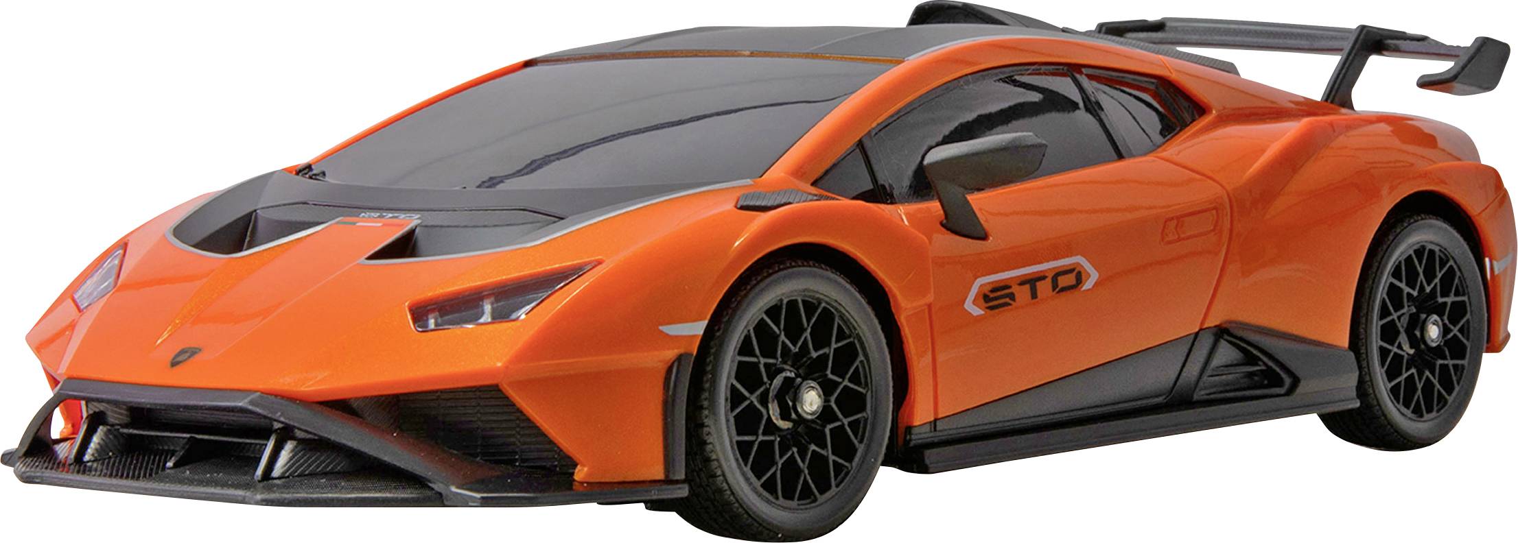 Ein hellorangefarbener Sportwagen mit schlankem Design, schwarzen Akzenten und einem Heckflügel. Der Wagen ist tief über dem Boden positioniert mit detaillierten Felgen.