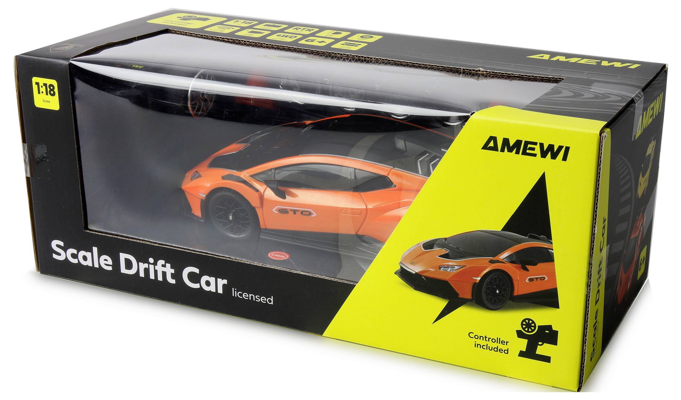 Ein leuchtend orangefarbenes Maßstabs-Driftauto in einer schwarz-gelben Schachtel mit der Aufschrift „Scale Drift Car lizenziert