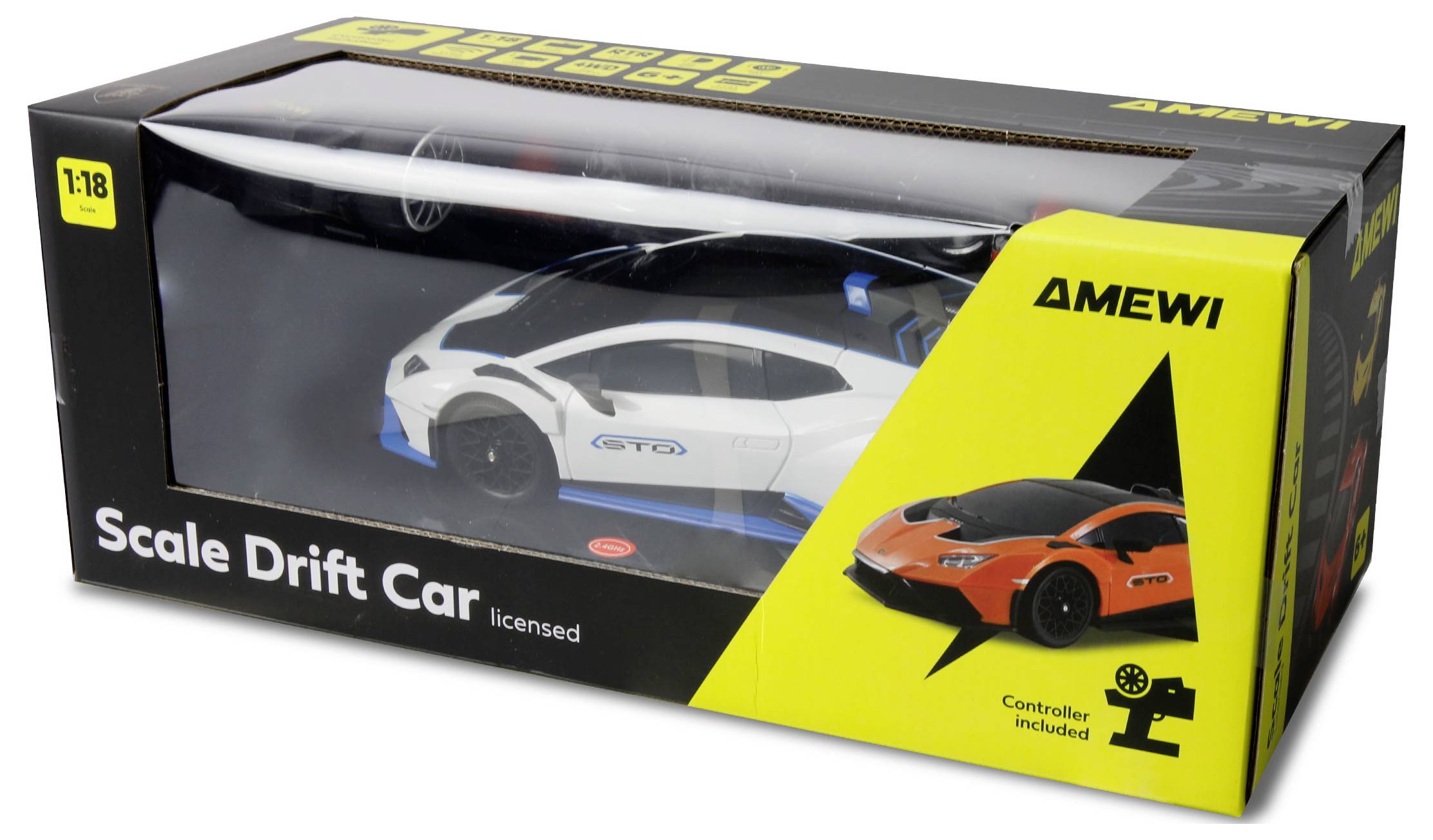 AMEWI Drift-Modellauto mit Fernbedienung in weiß und blau. Produktverpackung zeigt das Fahrzeug und enthält Marken- und Produktlogos.