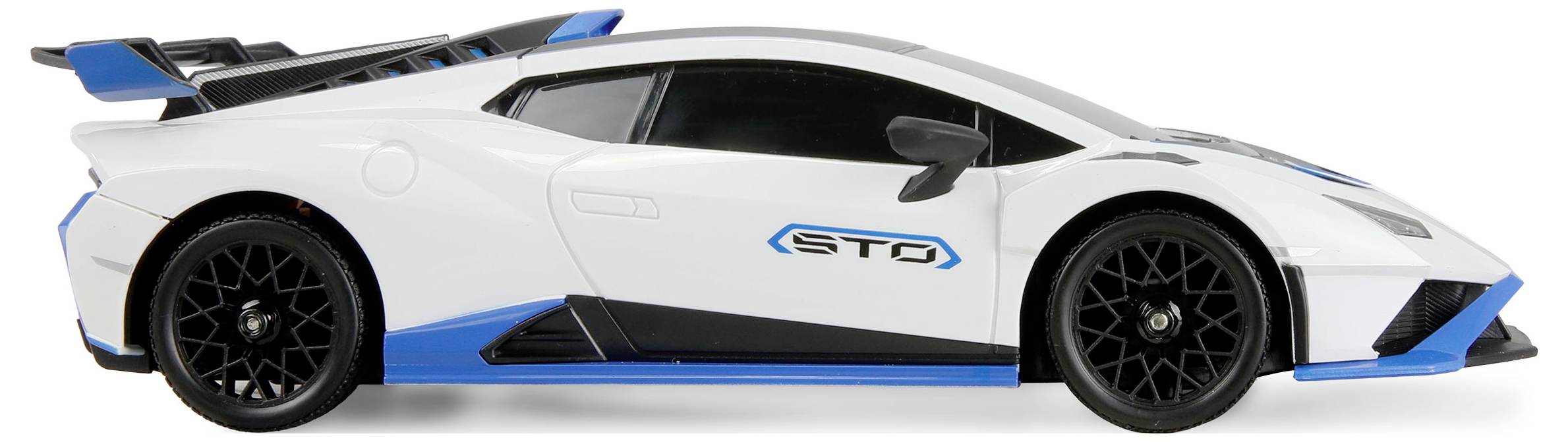 Ein weißer Sportwagen mit blauen Akzenten und 'STO' Branding an der Seite, mit einer eleganten Designlinie und aerodynamischen Elementen, von der Seite betrachtet.