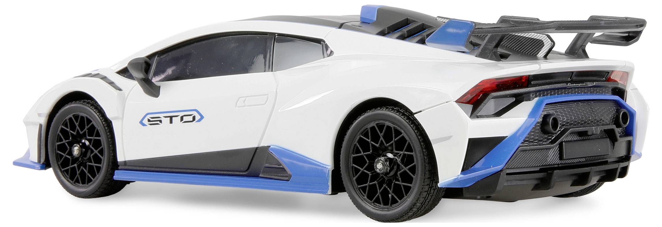 Ein weißes und blaues Sportwagen mit elegantem Design präsentiert ein charakteristisches 'STO' Logo an der Seite.