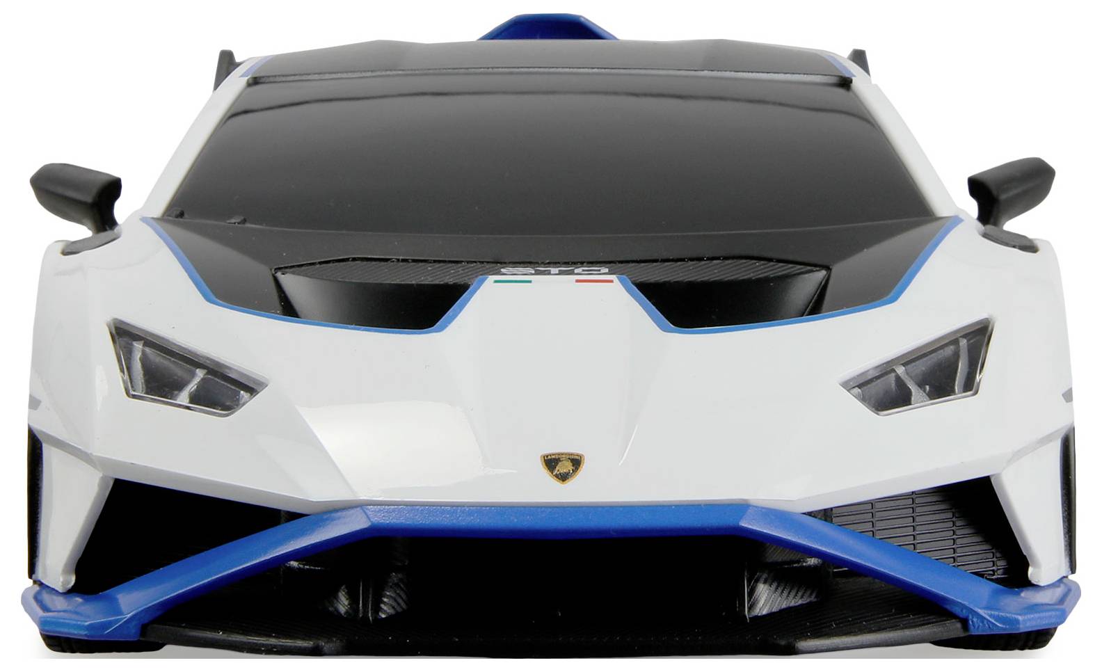 Ein schlankes Sportwagenmodell in Weiß und Schwarz mit blauen Akzenten, von vorne betrachtet, das einem hochleistungsfähigen Luxusfahrzeug ähnelt.