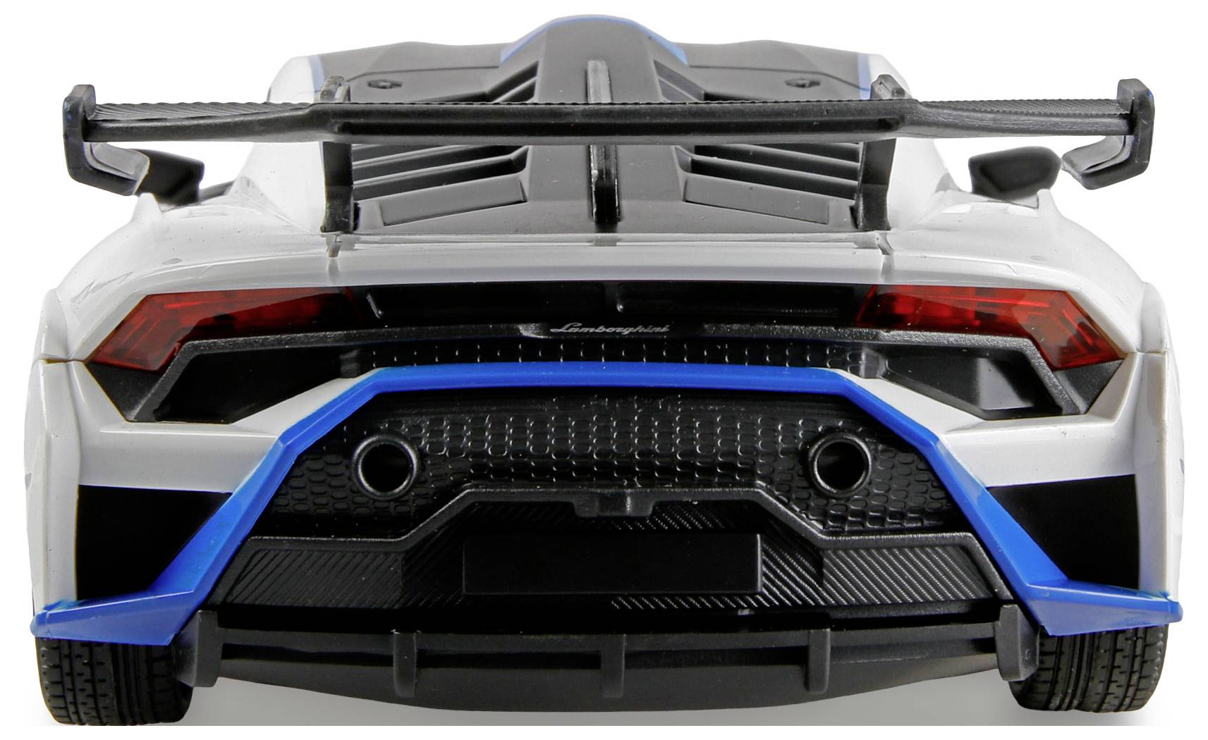 Ein schlankes Sportwagen, von hinten gesehen, mit einem großen Heckspoiler, Doppelendrohrauslassen und roten Rücklichtern, die Geschwindigkeit und Aerodynamik betonen.