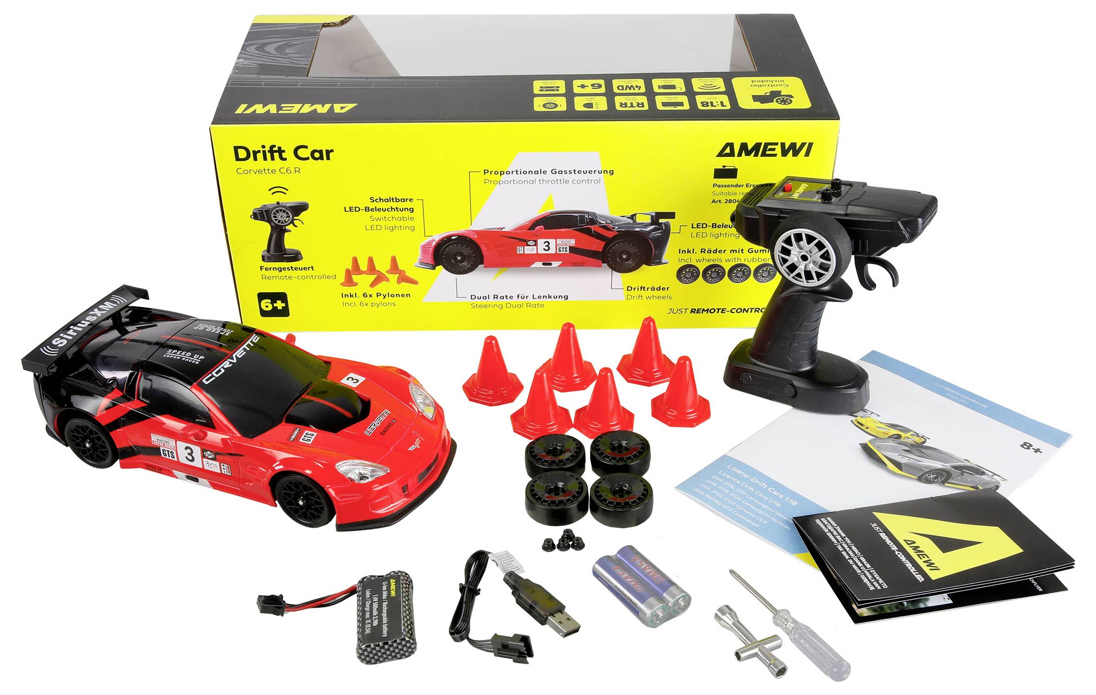 RC-Auto-Set enthält einen roten Drift-Wagen, Fernbedienung, zusätzliche Reifen, Pylonen, Ladegerät, Batterien und Bedienungsanleitung, dargestellt in der Verpackung.