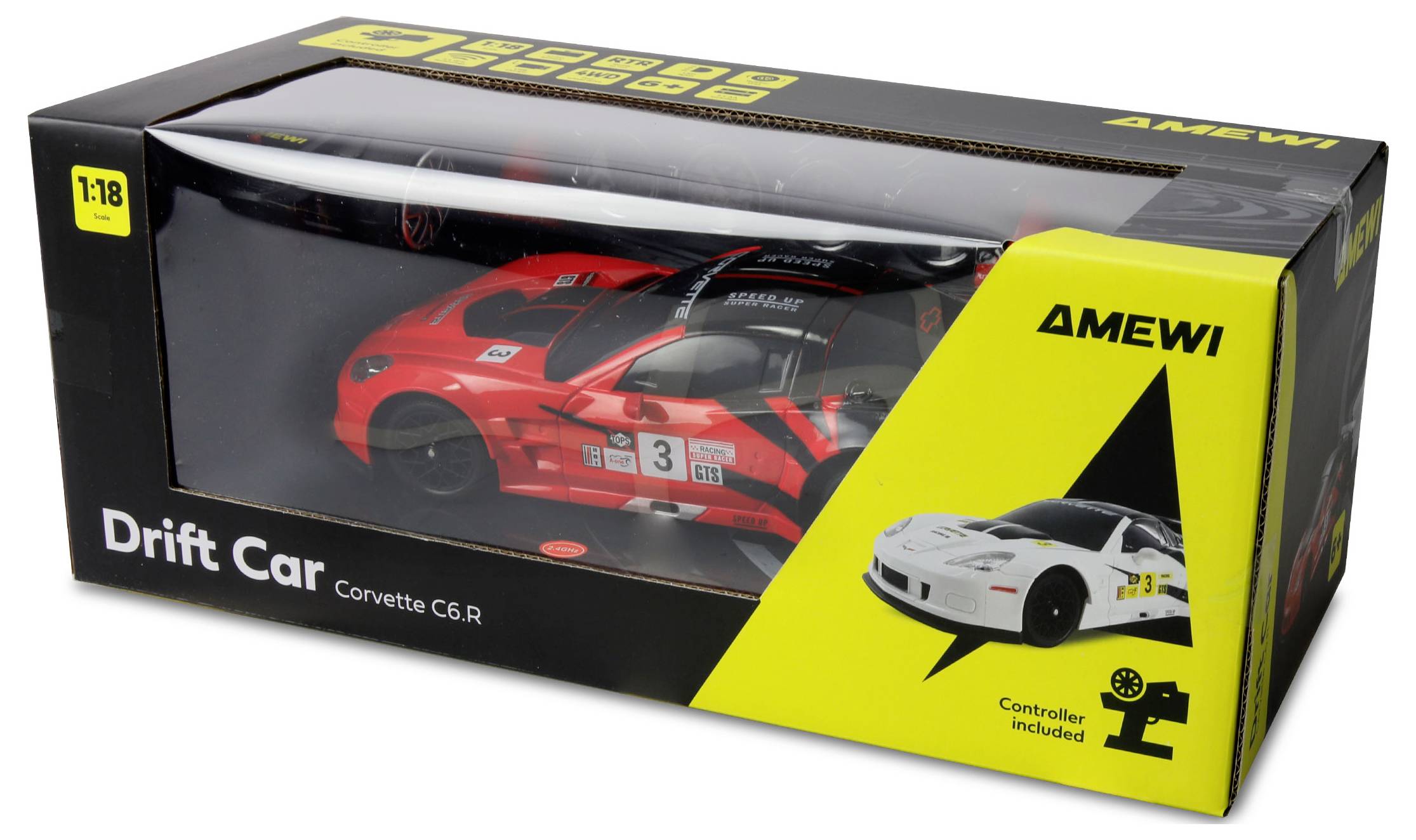 Verpackung des 'AMEWI Drift Car Corvette C6.R', die ein rotes Spielzeugauto-Modell und einen Fernsteuerungscontroller zeigt.