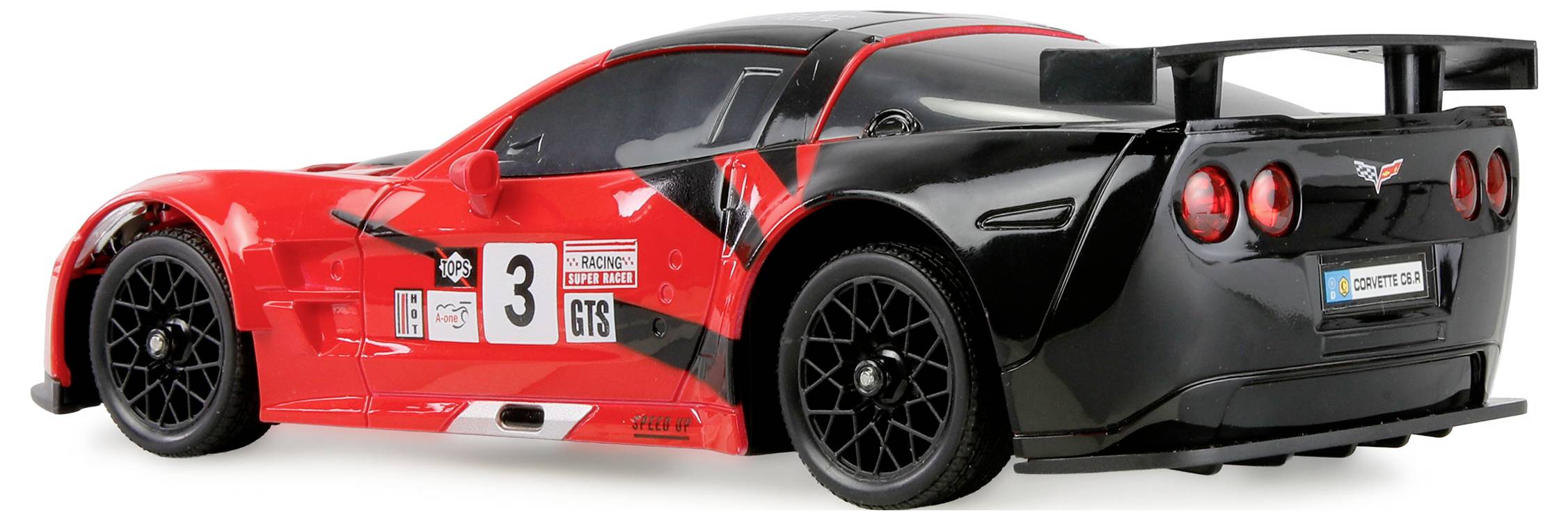 Ein rot-schwarzes Rennwagenmodell mit großem Heckspoiler, mit der Nummer '3' versehen und mit verschiedenen Sponsorenlogos an den Seiten.