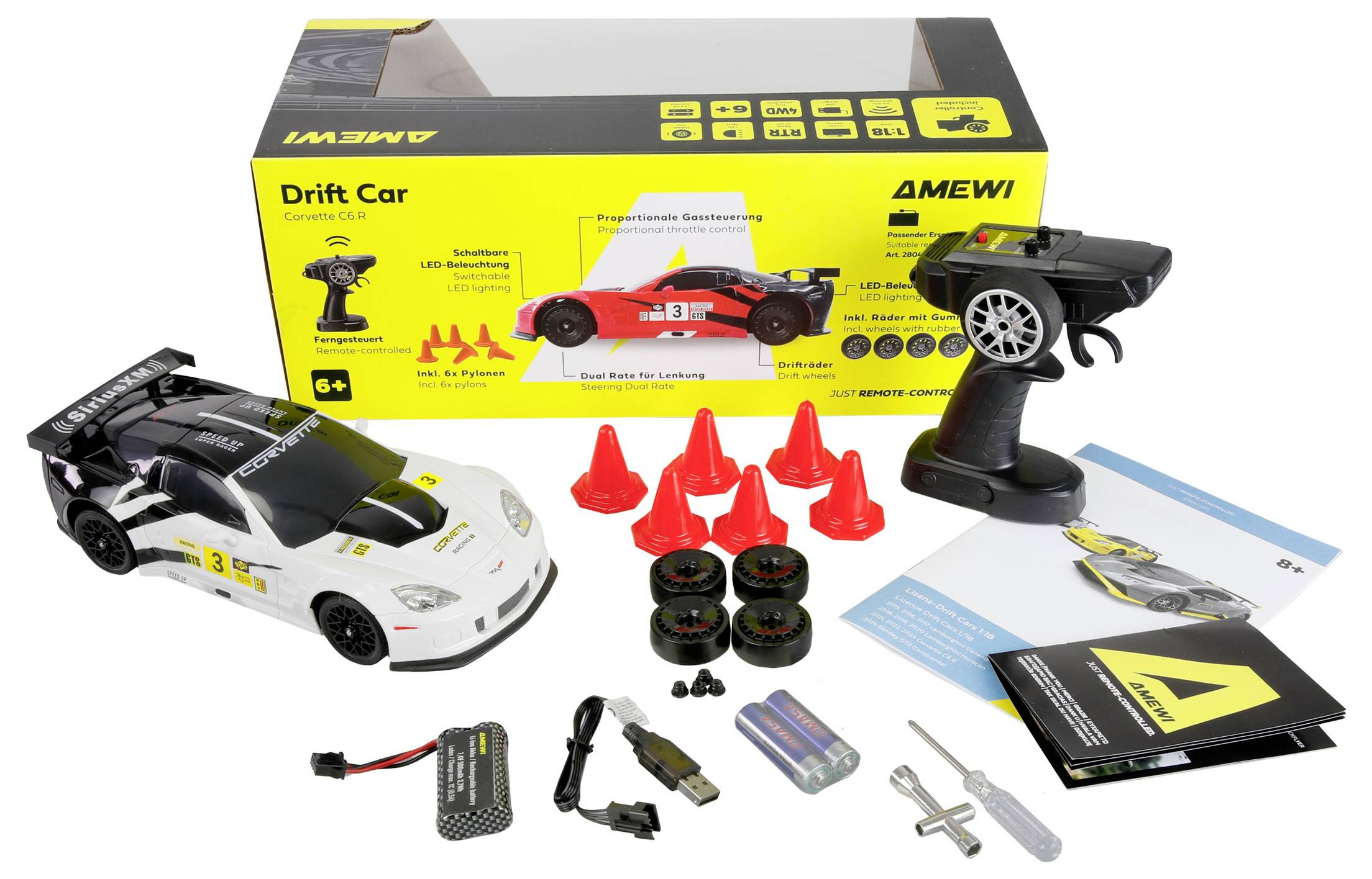 RC-Drift-Autoset enthält ein weißes Modell-Auto, Fernbedienung, vier Ersatzreifen, Ladegerät, Batterien, Pylonen, Bedienungsanleitung und Verpackungskarton.