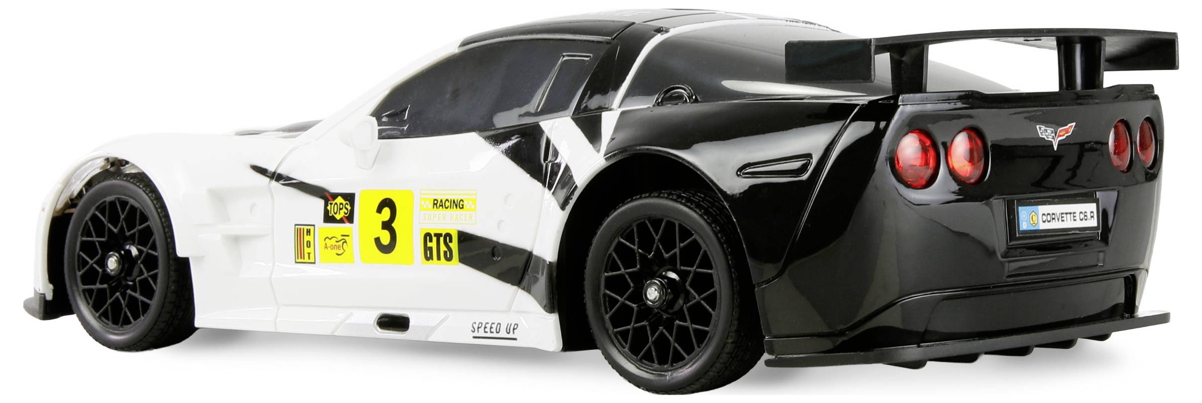 Ein schwarz-weißes Rennautospielzeug mit einem großen Heckflügel und den Nummern '3' und 'GTS' an der Seite, das für Hochgeschwindigkeitsleistung konzipiert ist.
