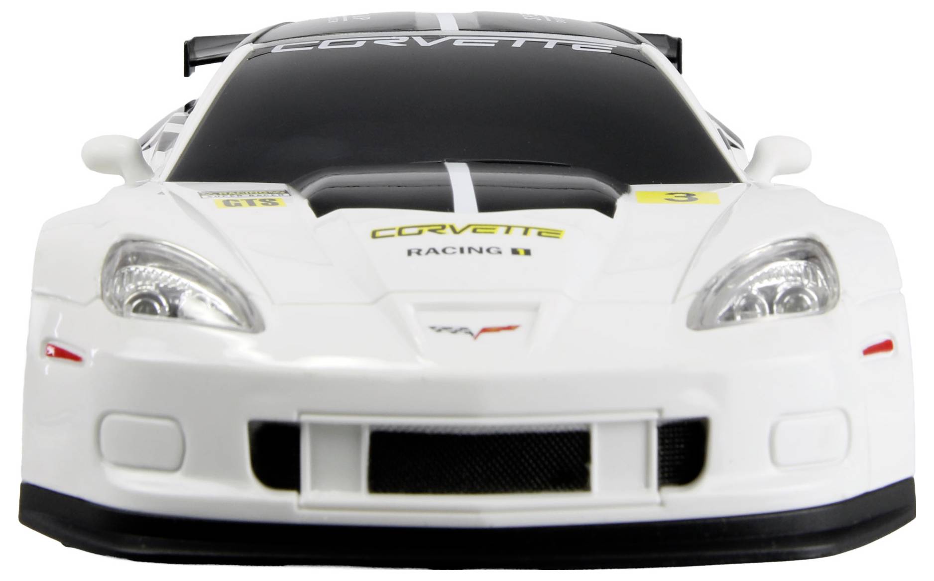 Ein weißes Spielzeug-Rennfahrzeug im Stil eines Corvettes, mit detaillierten Scheinwerfern, Motorhaubendesign und Markierung. Frontansicht mit Kühlergrill und Windschutzscheibe.