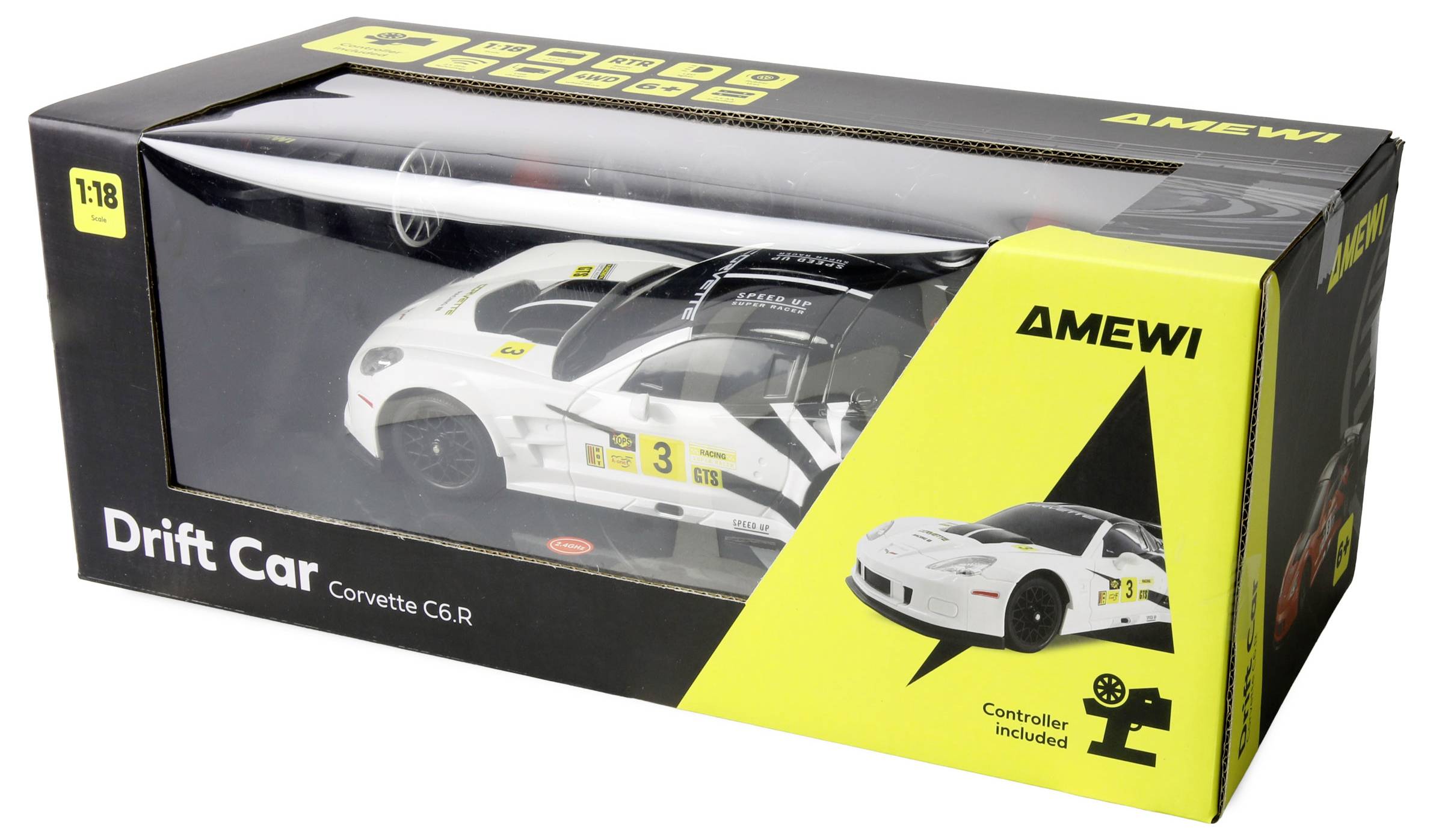 Drift-Auto Corvette C6.R Spielzeug in einer gelb-schwarzen Box, mit Fernbedienung. Maßstab 1:18.
