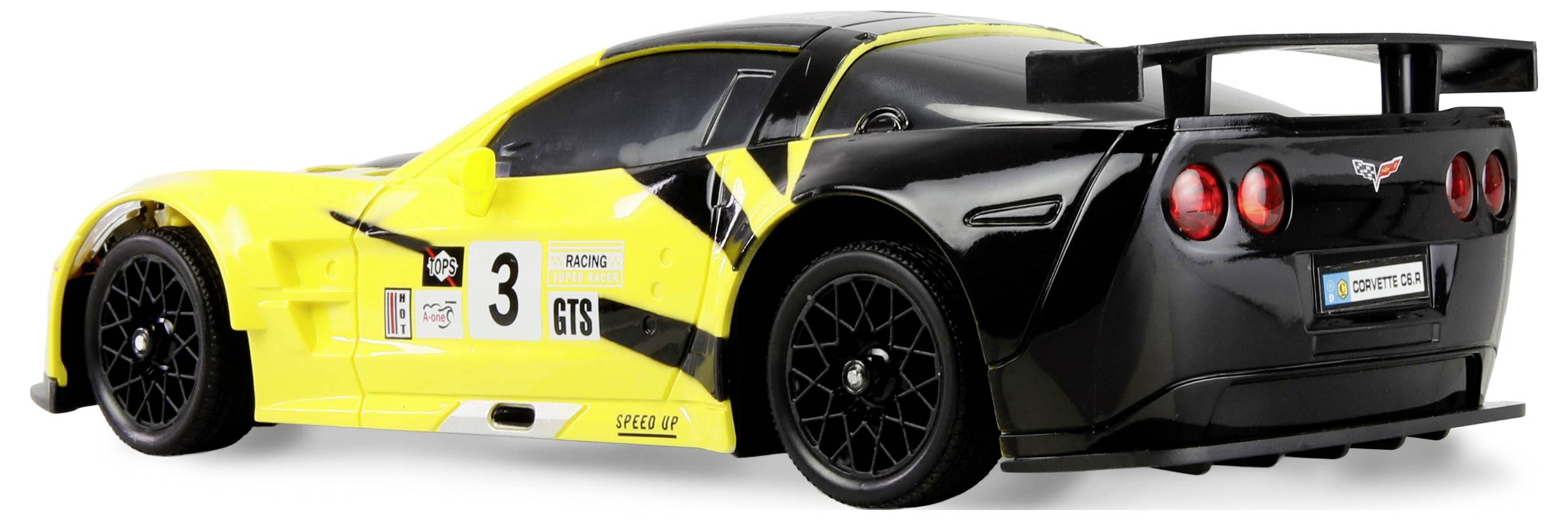 Ein schwarzes und gelbes Rennwagenmodell mit der Rennnummer '3' an der Seite, ausgestattet mit einem markanten Heckflügel und präzisen Details.