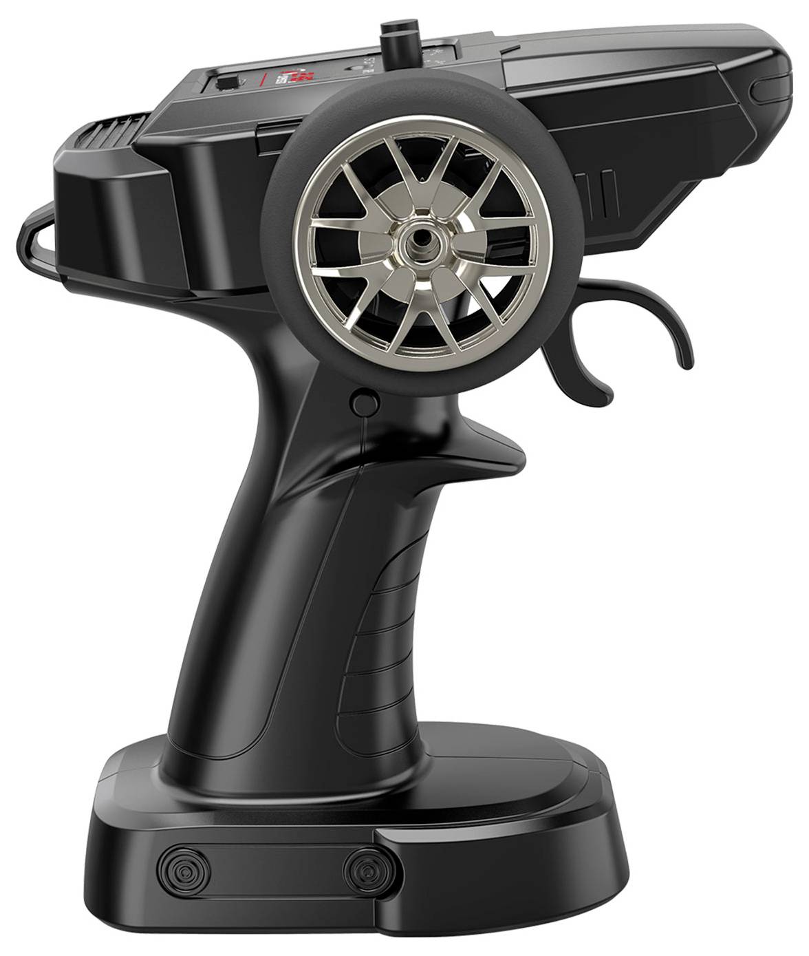 Fernbedienung für ein RC-Auto mit Lenkrad und Gashebel, für Handhabung in der Hand konzipiert.