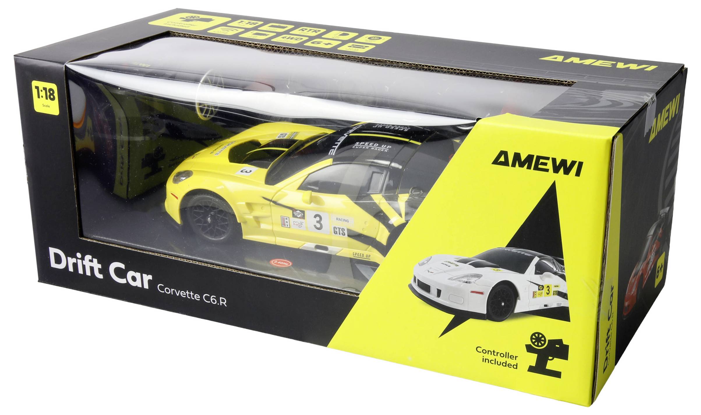 Ein gelbes Corvette C6.R Drift-Automodell, präsentiert in einer Box mit der Aufschrift ‚Drift Car', inklusive Fernbedienung.