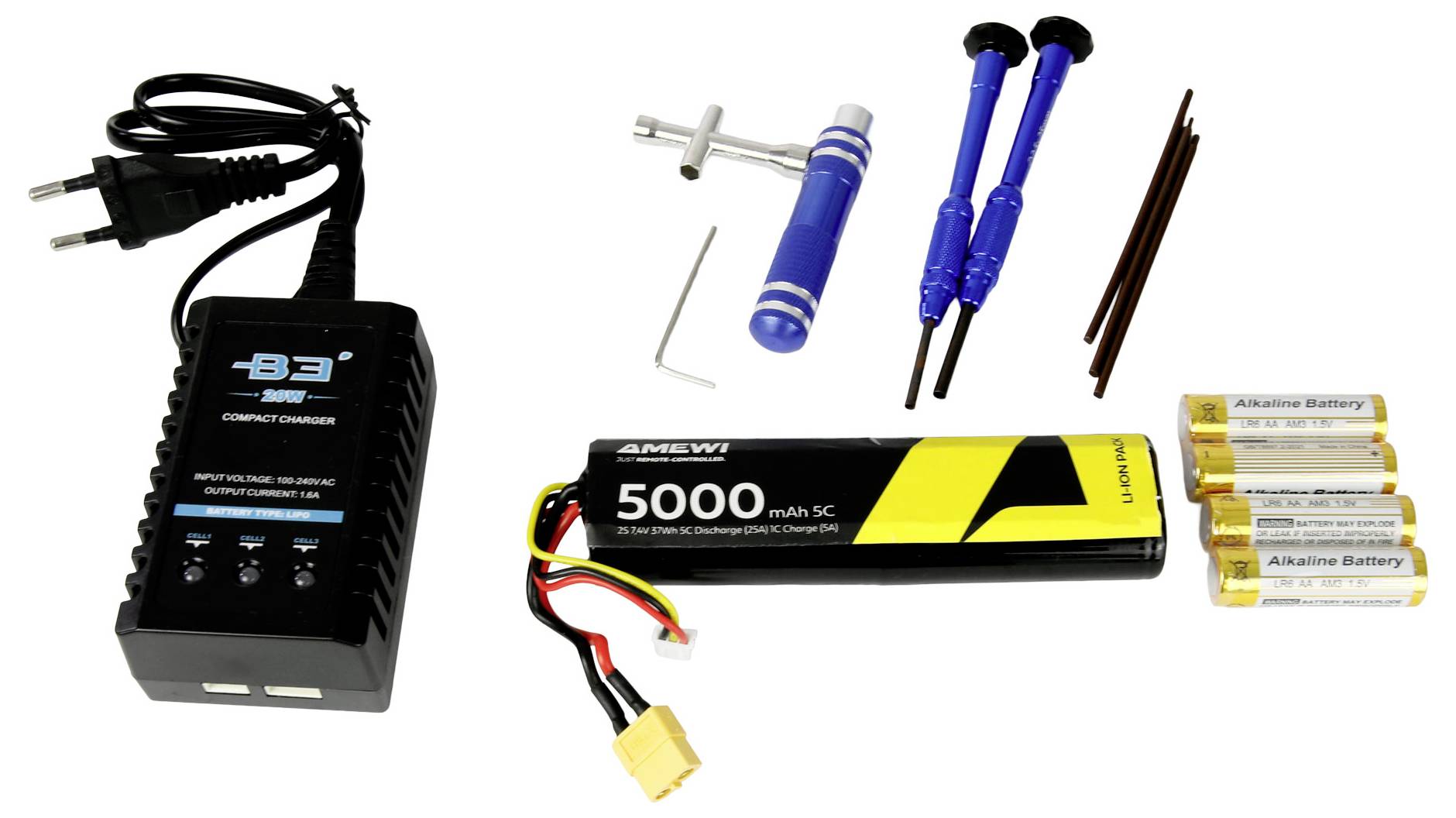 RC-Autoersatzteile-Set, das ein Ladegerät mit EU-Stecker, 5000-mAh-Akku, blaue Handwerkzeuge, Sechskantschlüssel und 8 AA-Alkalibatterien umfasst.