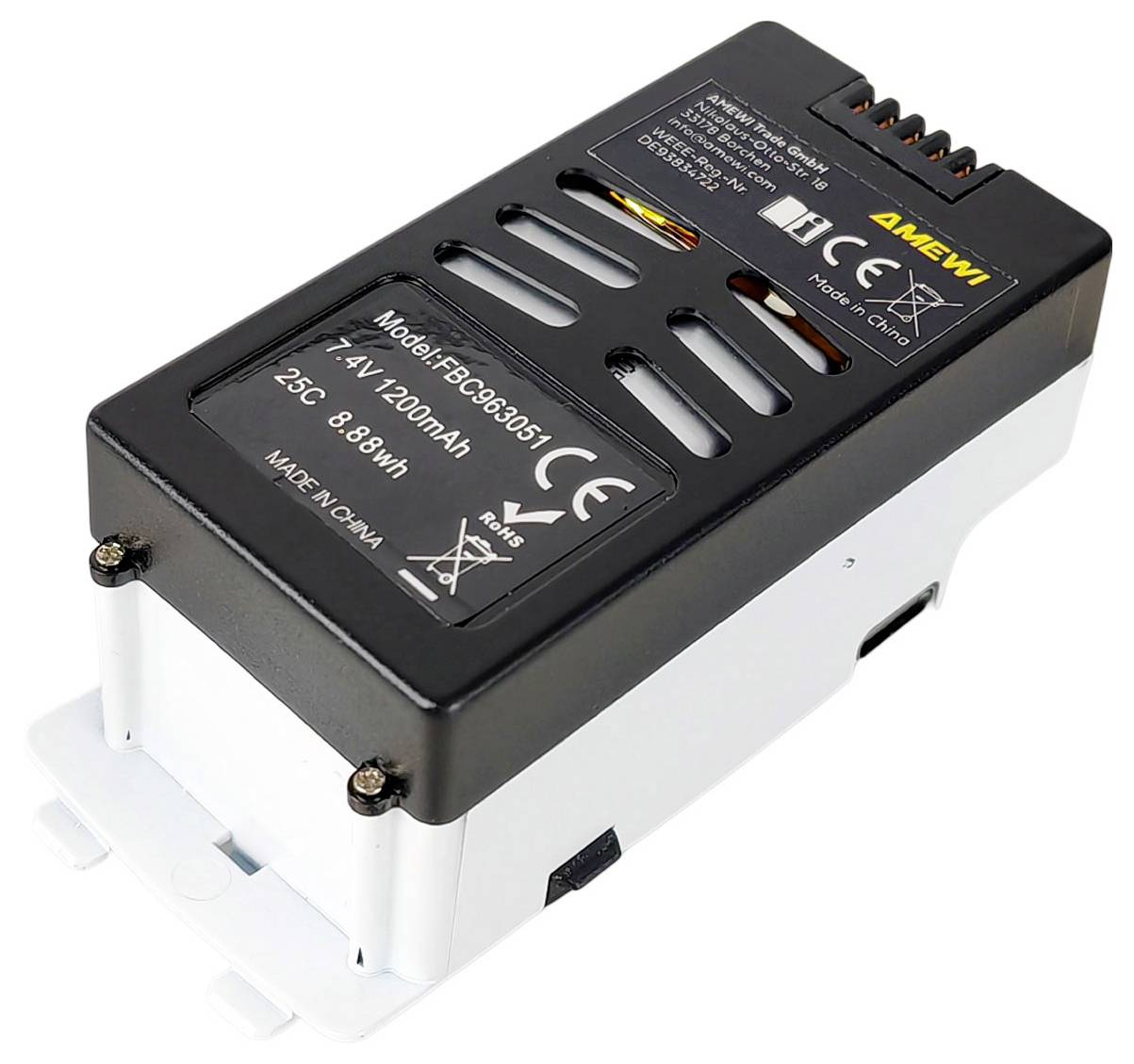 Eine schwarze und weiße Lithium-Polymer-Batterie mit der Beschriftung 'Model: FP-CB-035T', '11,1V, 1200mAh, 25C, 13,3Wh', mit CE- und Recycling-Symbolen.