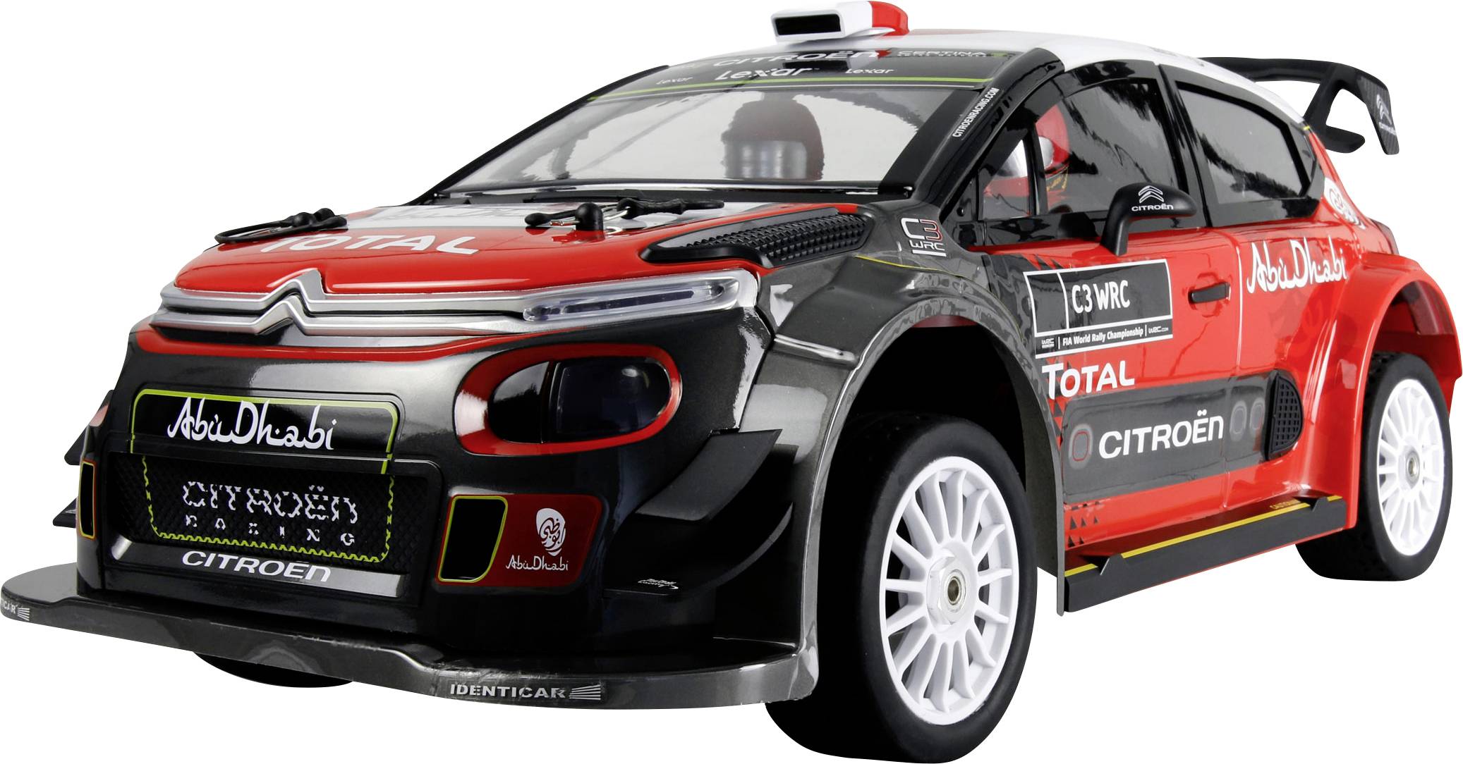 Modell eines Rallyeautos in Rot, Schwarz und Weiß mit Sponsorenlogos von 'Abu Dhabi', 'Total' und 'Citroën'. So gestaltet, dass es einem echten Rallyefahrzeug ähnelt.