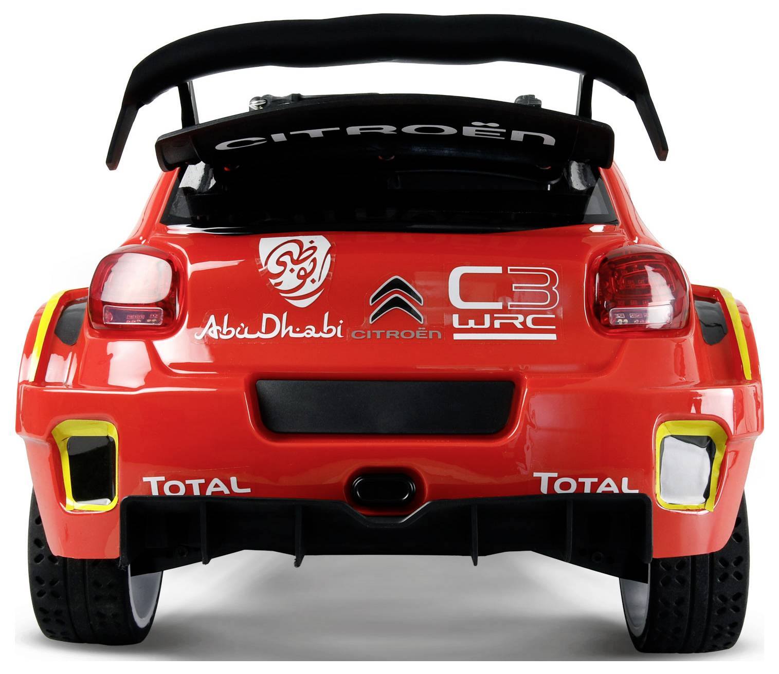 Ein rotes Modellauto mit 'Abu Dhabi Citroën C3 WRC' und 'Total' am Heck, ausgestattet mit einem Spoiler und Doppelauspuff.