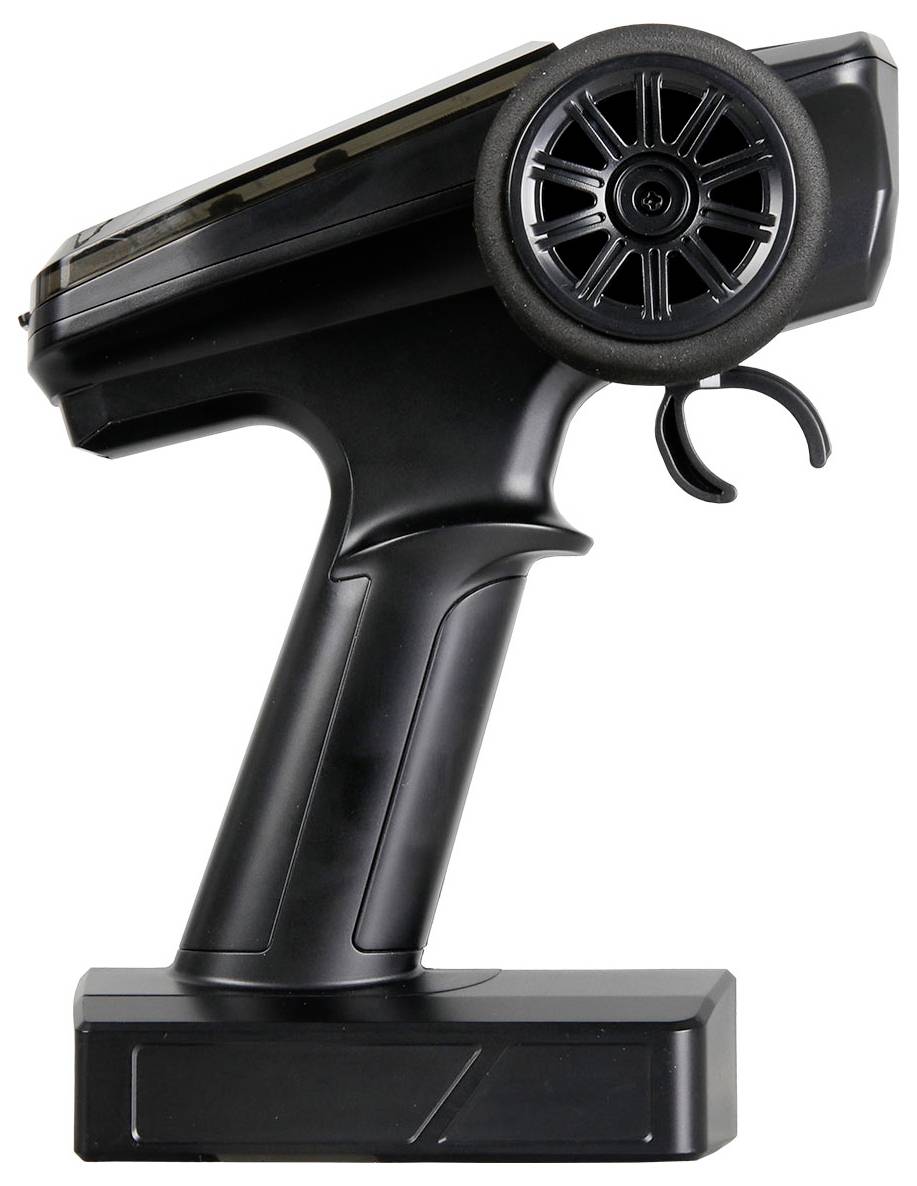 Eine schwarze Handheld-Fernbedienung mit einem Lenkrad zur Steuerung von RC-Fahrzeugen, ausgestattet mit einem Auslöser am Griff für die Gaspedalsteuerung.