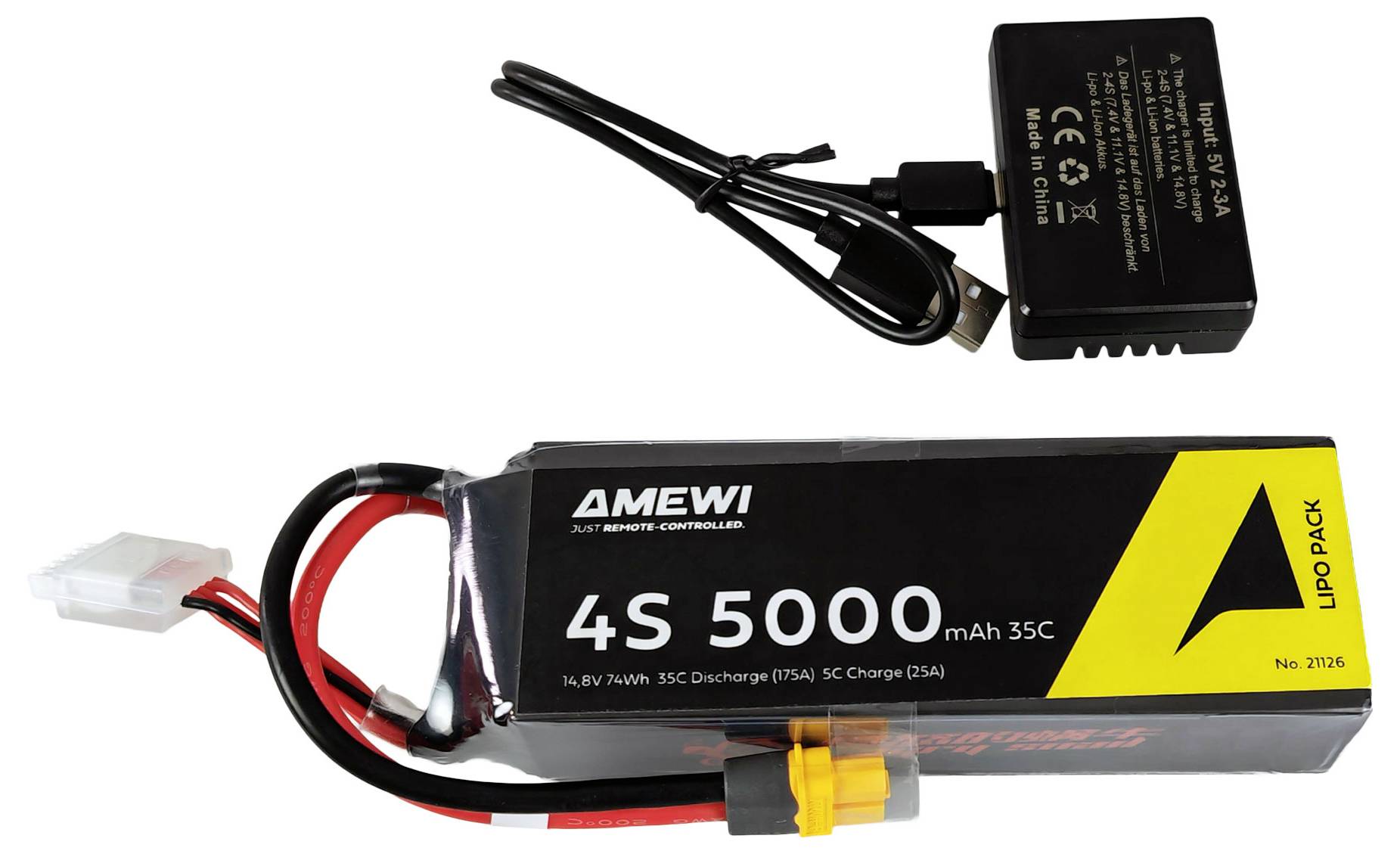 Eine wiederaufladbare LiPo-Batterie mit der Aufschrift 'AMEWI 4S 5000 mAh 35C' und ein schwarzes 2A-Ladegerät mit Netzkabel und Anschluss.