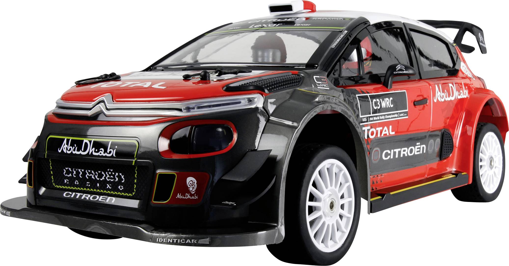 Ein rot-schwarzer Citroën-Rallye-Automodell mit Abu-Dhabi- und Total-Branding an der Seite, das für Spielzeug-Rennsportbegeisterte entwickelt wurde.