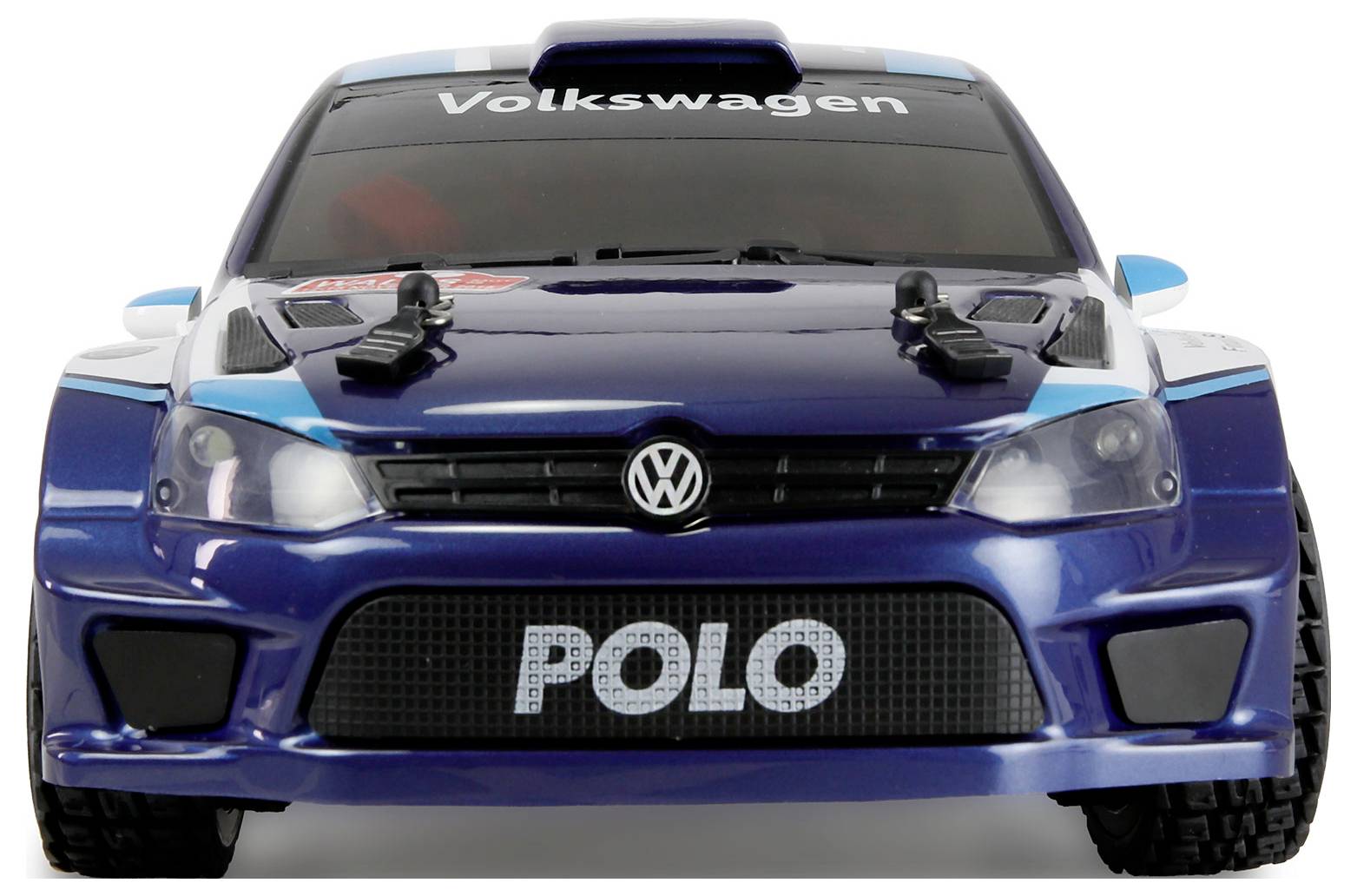 Frontansicht eines blauen Volkswagen Polo Rallye-Fahrzeugmodells mit 'Volkswagen' auf der Windschutzscheibe und 'POLO' auf dem Kühlergrill.