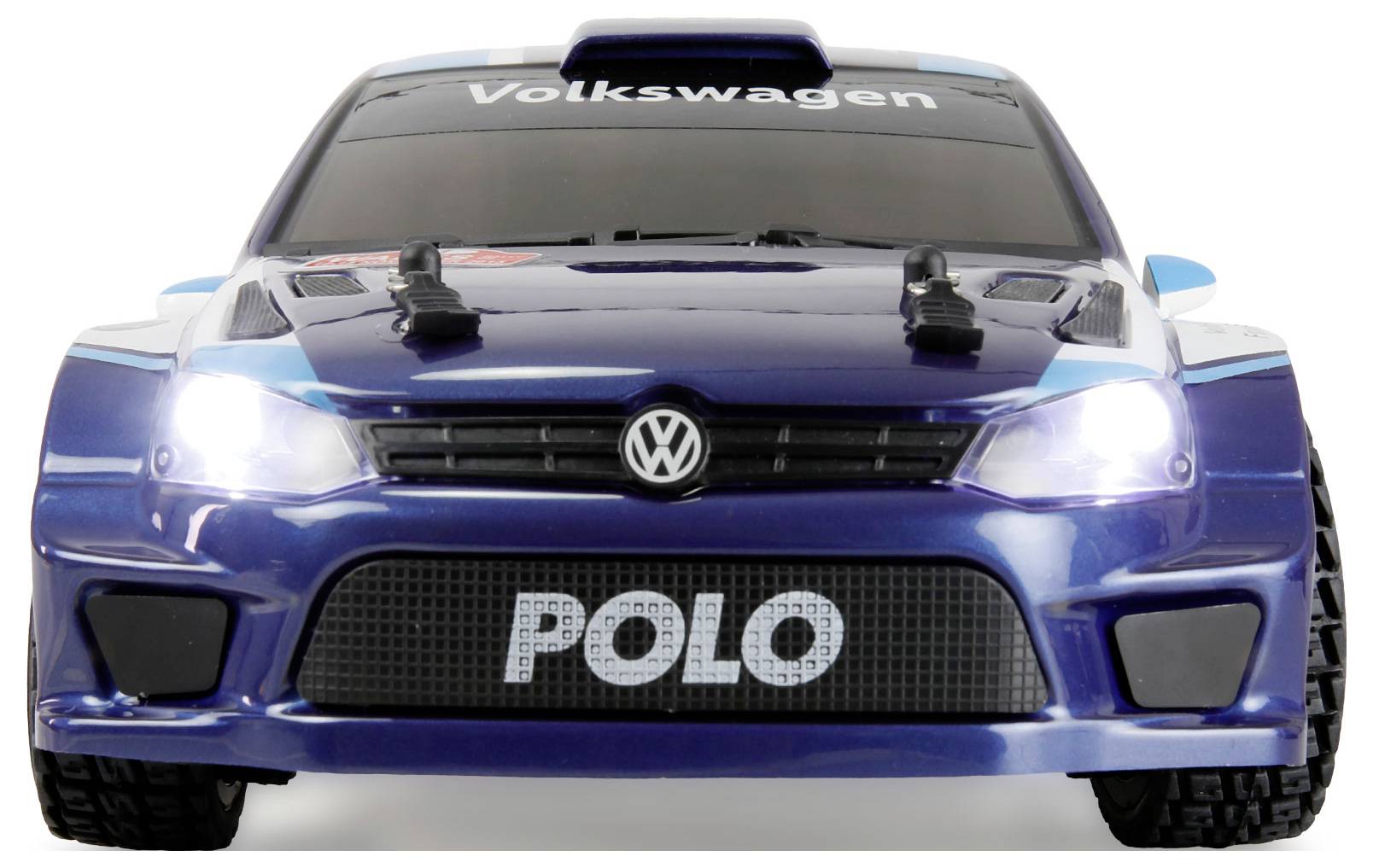Ein Spielzeugauto nach dem Vorbild eines Volkswagen Polo in blau, mit einem markanten Kühlergrill und der Aufschrift 