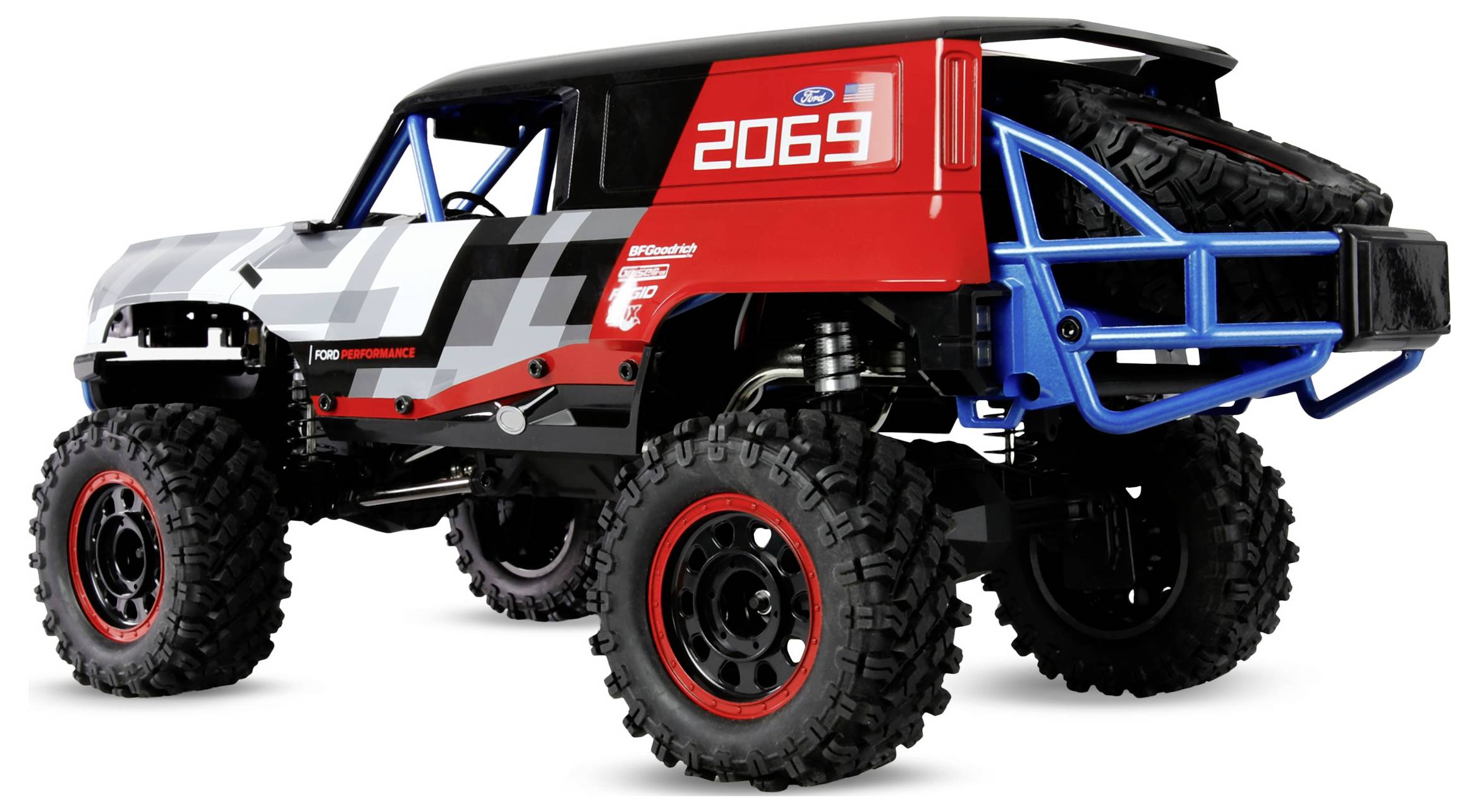 Ein rot-schwarzes ferngesteuertes Geländefahrzeug mit großen Reifen und der Nummer '2069' an der Seite, ausgestattet mit robuster Federung.
