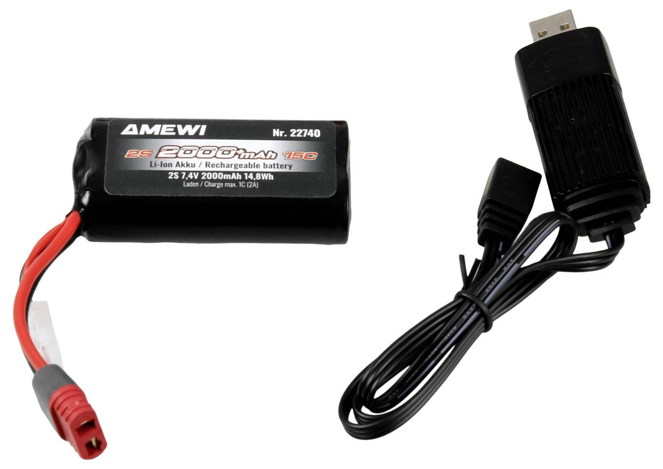 Wiederaufladbare Batterie und USB-Ladekabel; Batteriekapazität beträgt 2000mAh, mit der Bezeichnung 'Amewi', geeignet für elektronische Geräte.