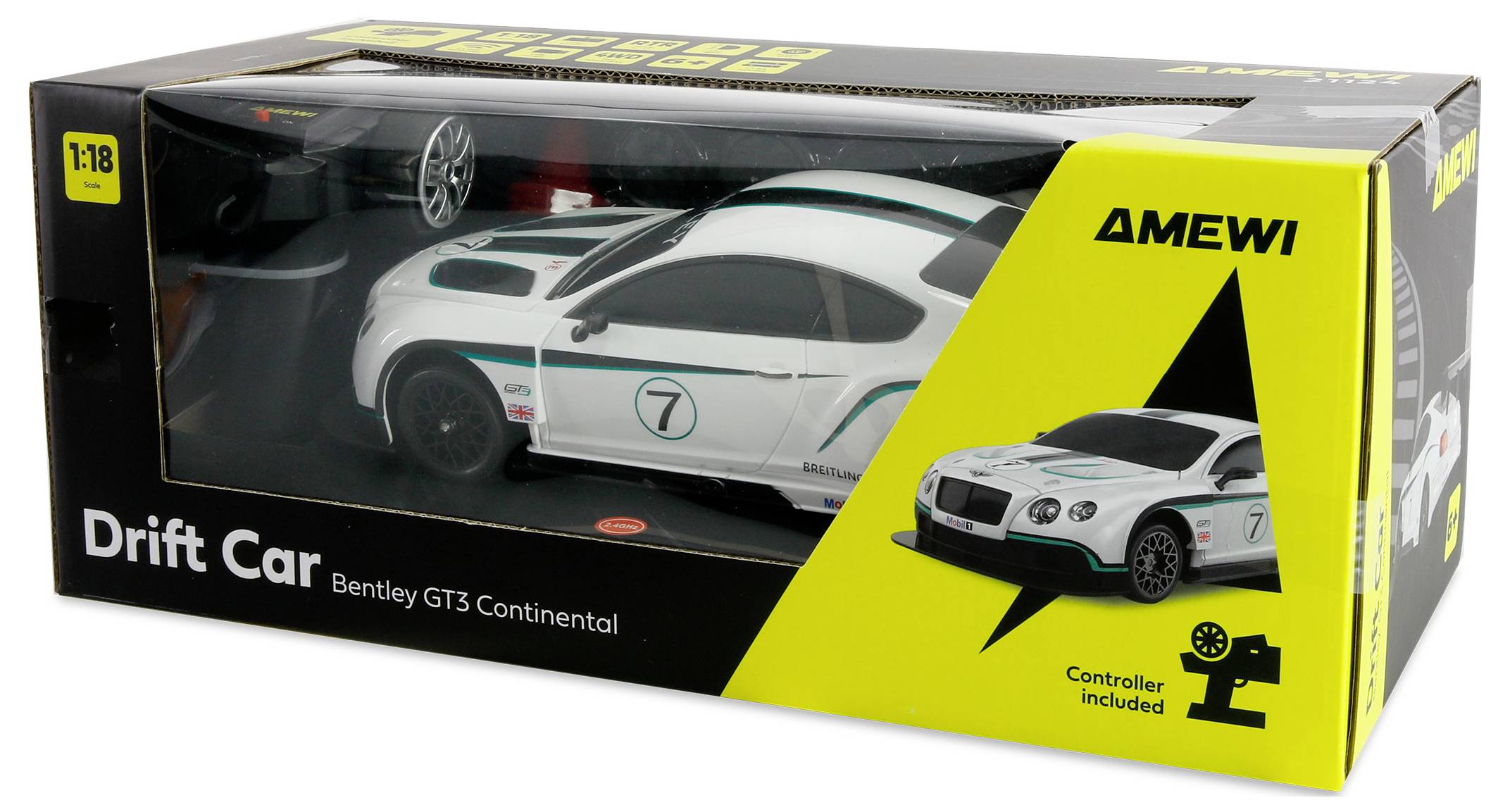 Ein Modellauto im Maßstab 1:18 eines Bentley GT3 Continental Drift-Autos, weiß mit grünen und schwarzen Akzenten. Auf der Verpackung steht: 