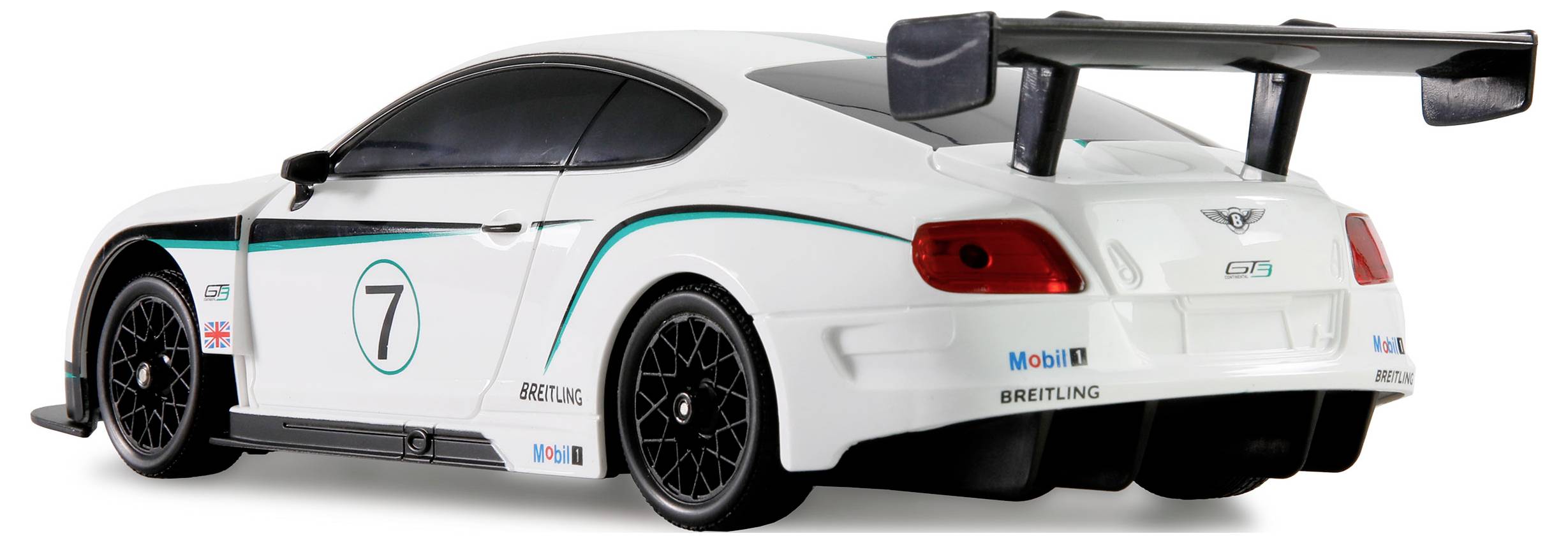 Ein weißes Rennwagenmodell mit einem großen Heckflügel, der Nummer '7' und Markenbeschriftungen an der Seite und Rückseite, präsentiert vor einem weißen Hintergrund.