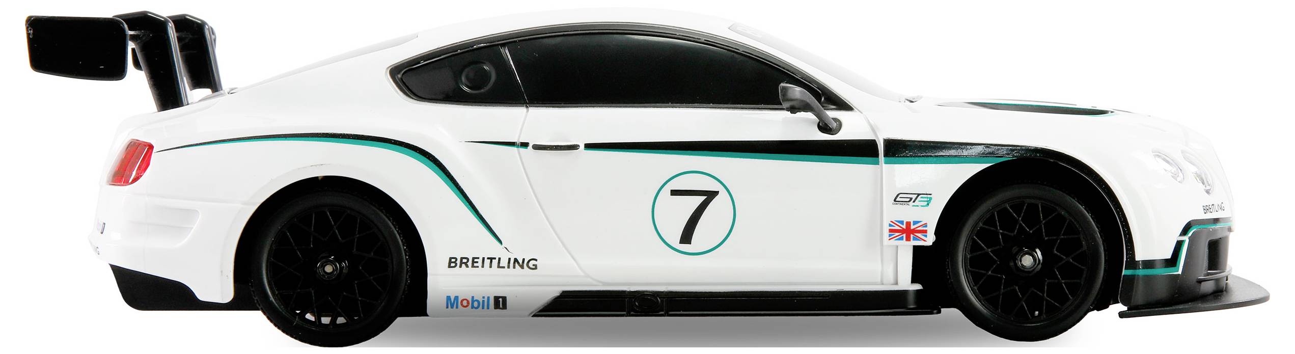 Ein weißes Rennwagenmodell mit einem großen Heckspoiler, schwarzen Rädern und der Nummer '7' an der Seite, versehen mit Sponsorenlogos und einer UK-Flagge.