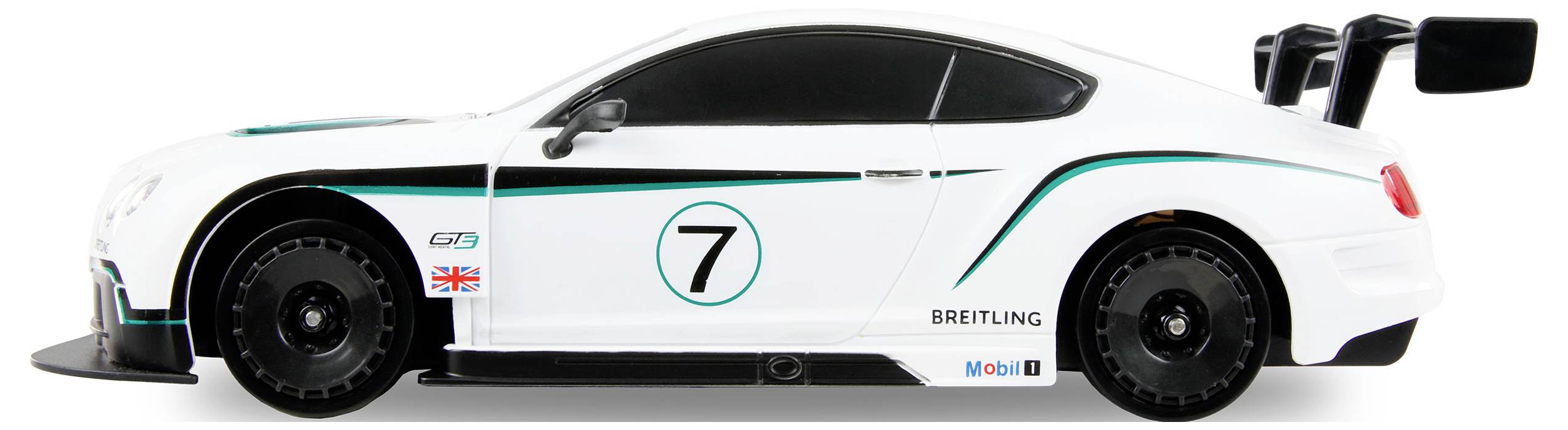 Seitenansicht eines weißen Rennwagens mit der Nummer '7', versehen mit einer britischen Flagge sowie den Logos von 'Breitling' und 'Mobil 1' am Fahrzeugkörper.