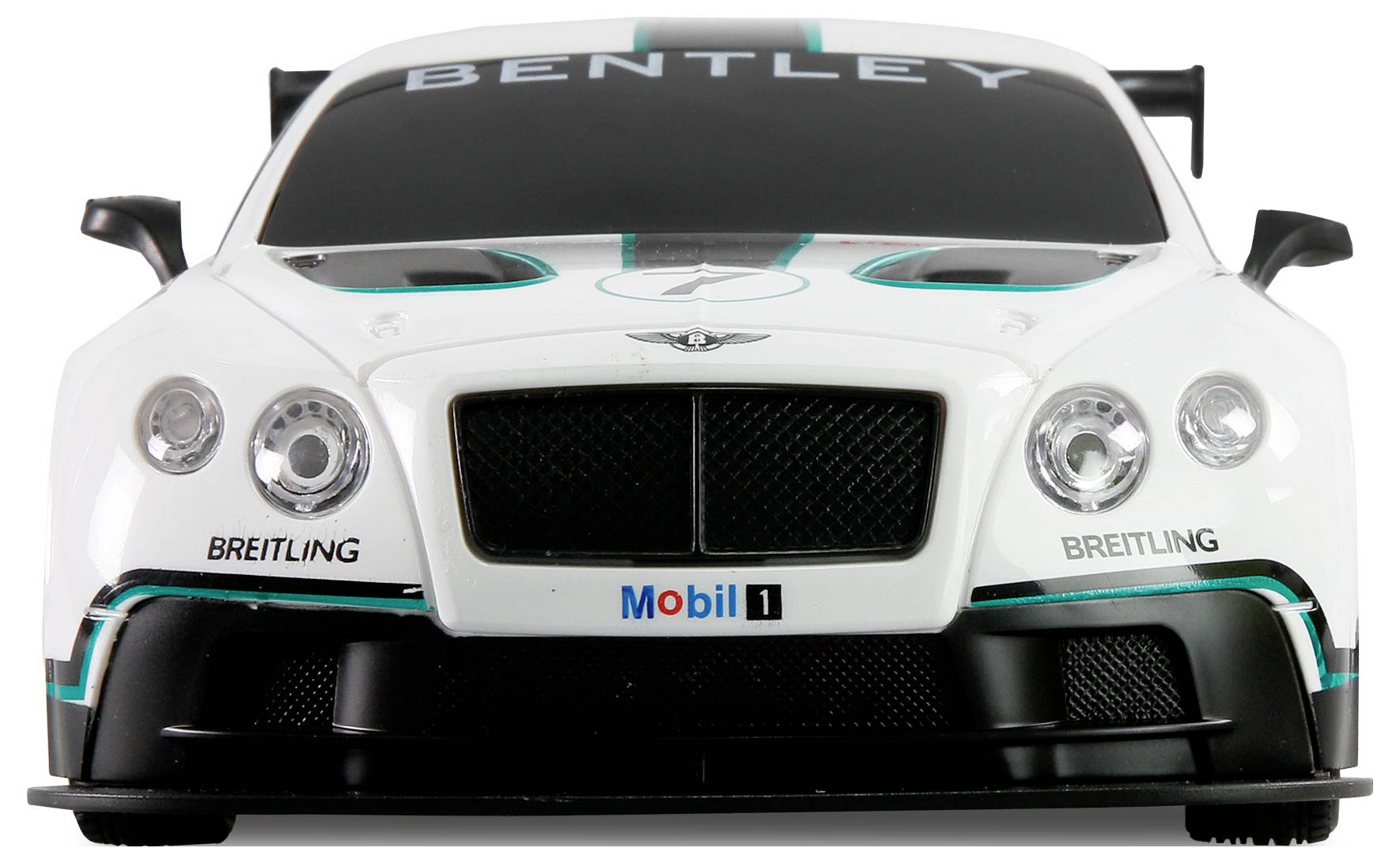 Weißes Bentley-Rennwagenmodell, Frontansicht, mit Logos von Breitling und Mobil 1.