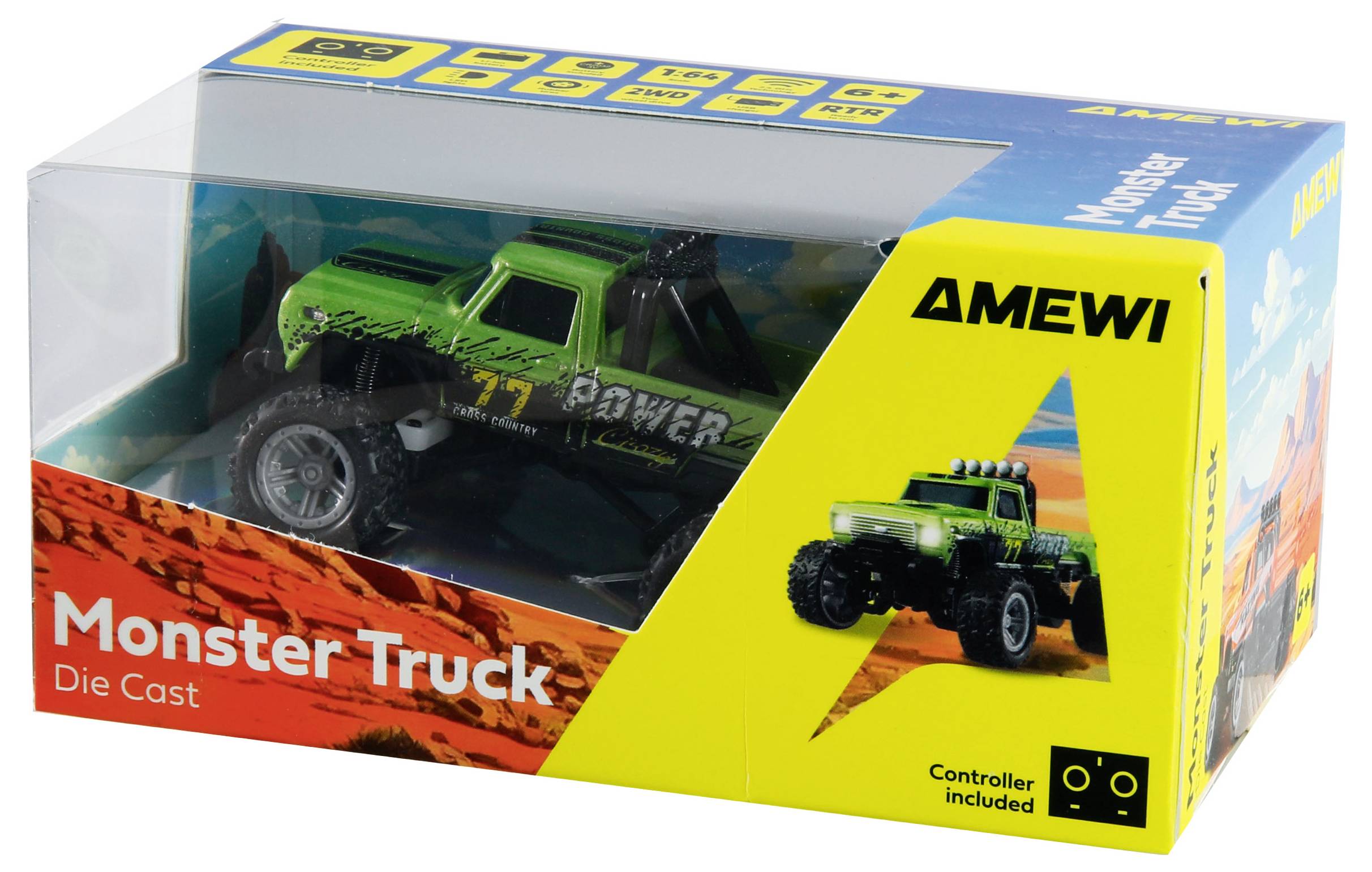 'Monster Truck' Druckguss-Spielzeug in einer Schachtel mit Fernbedienung. Der Truck ist grün mit dem Wort 'POWER' darauf. Marke: AMEWI.