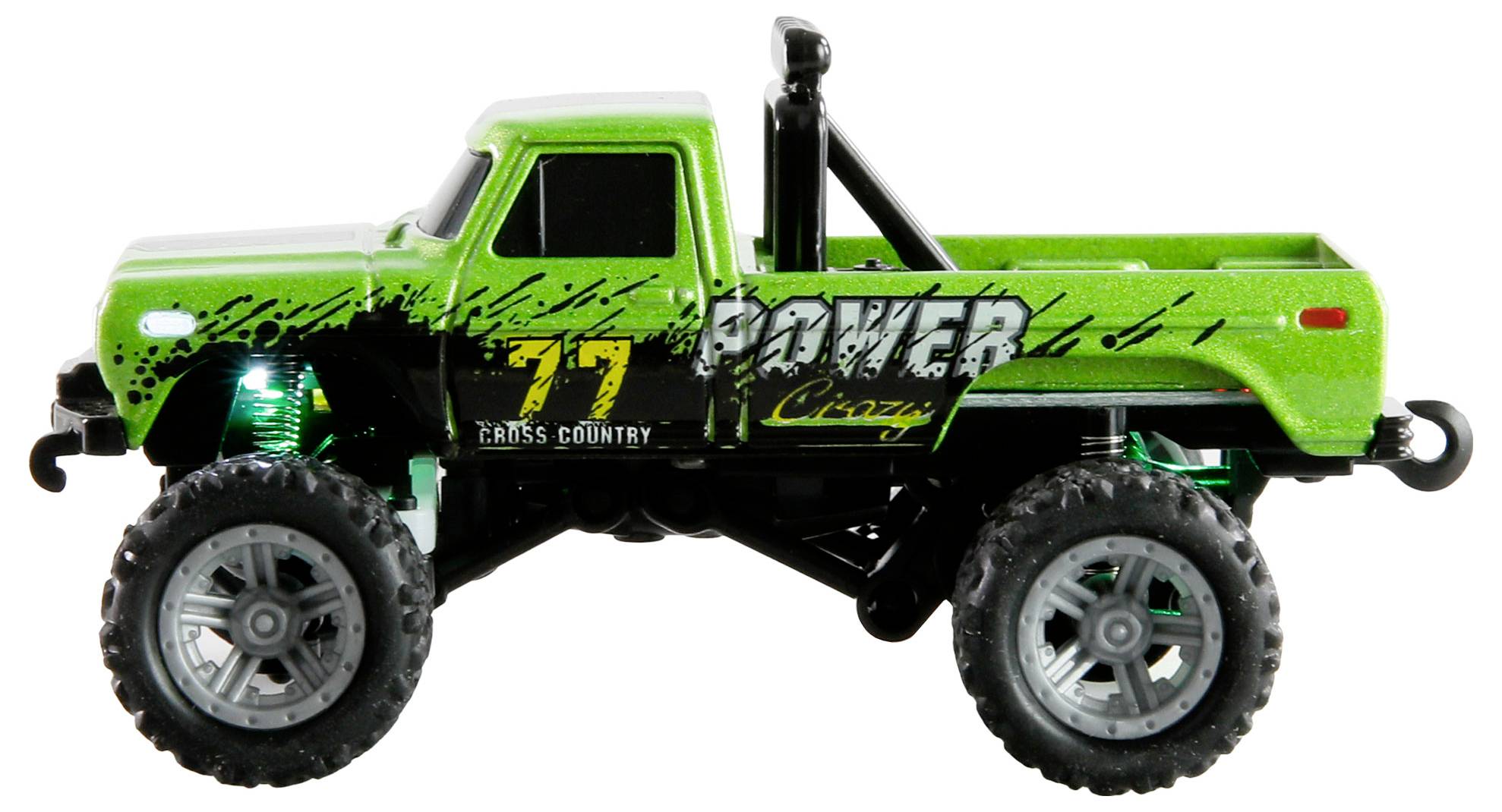 Ein kleines Spielzeug-Monstertruck mit hellgrünem Karosserie, großen schwarzen Reifen und dem Aufkleber 'Power Crazy'. Die Nummer '77' ist an der Seite markiert.