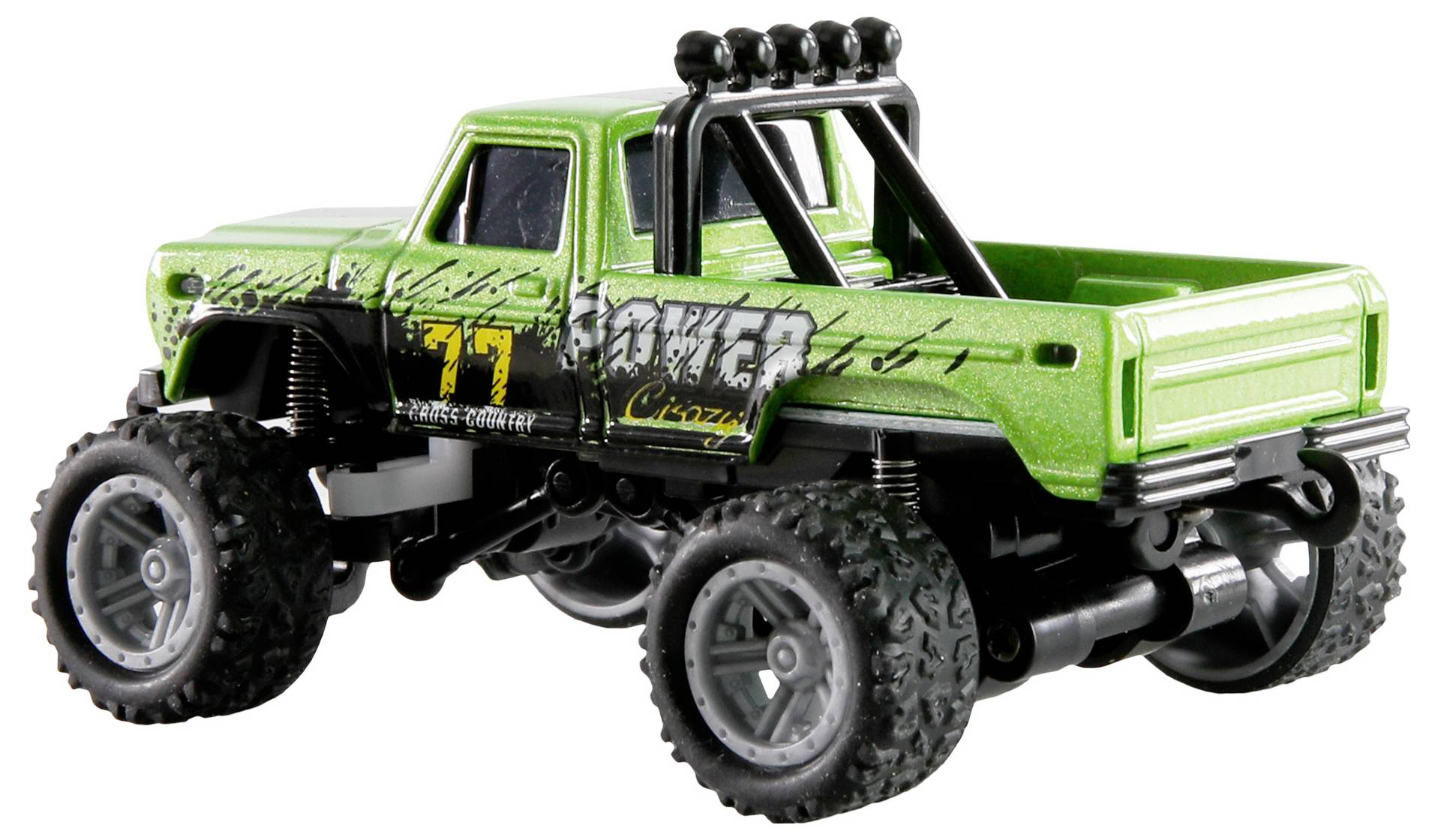 Ein grüner Spielzeug-Monstertruck mit großen Rädern und einem Überrollkäfig, mit '77'- und 'Blaster'-Aufklebern an der Seite.