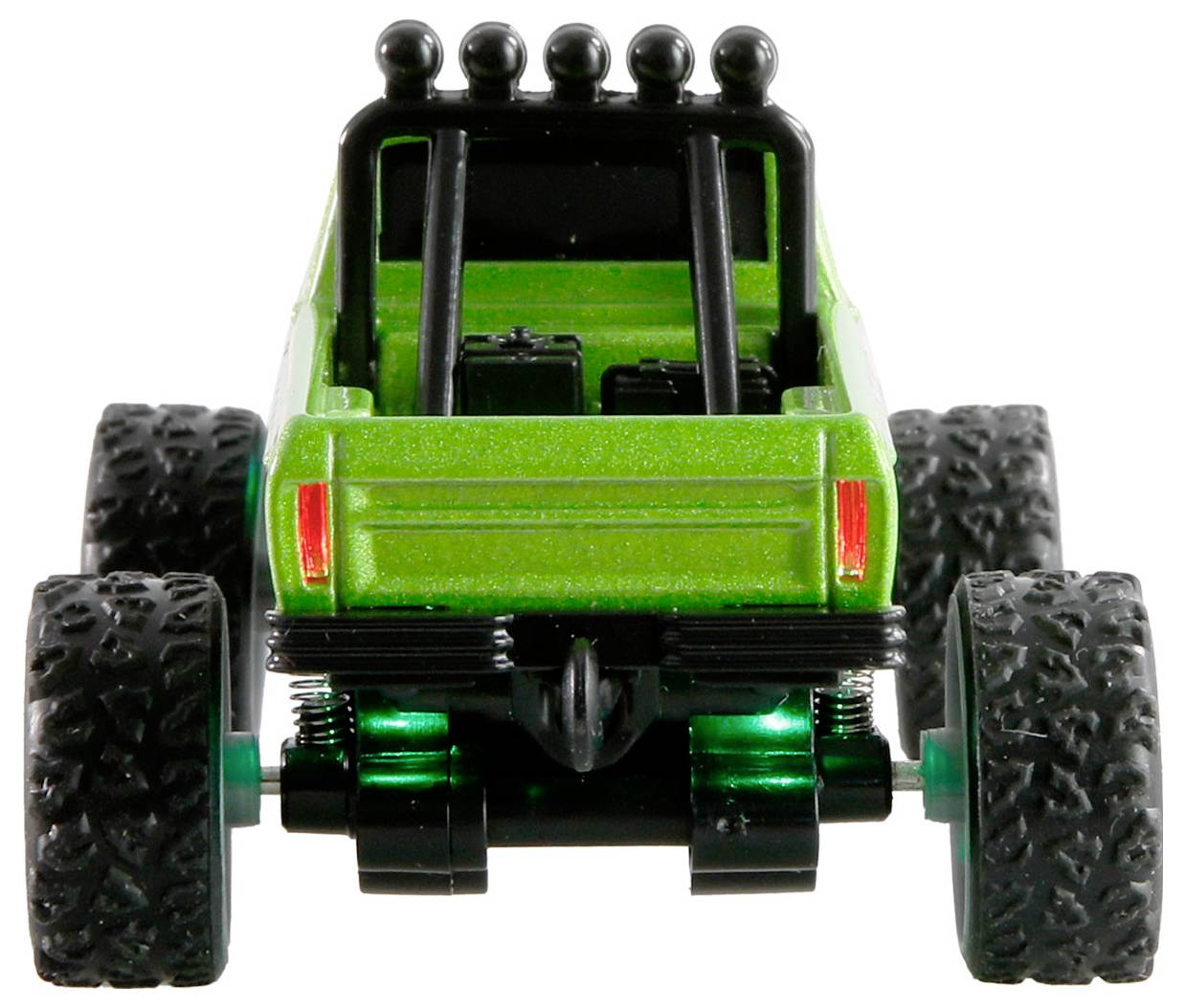 Ein grüner Spielzeug-Monstertruck, von hinten gezeigt, mit vier großen, strukturierten Reifen und einem einfachen Ladeflächen-Design.