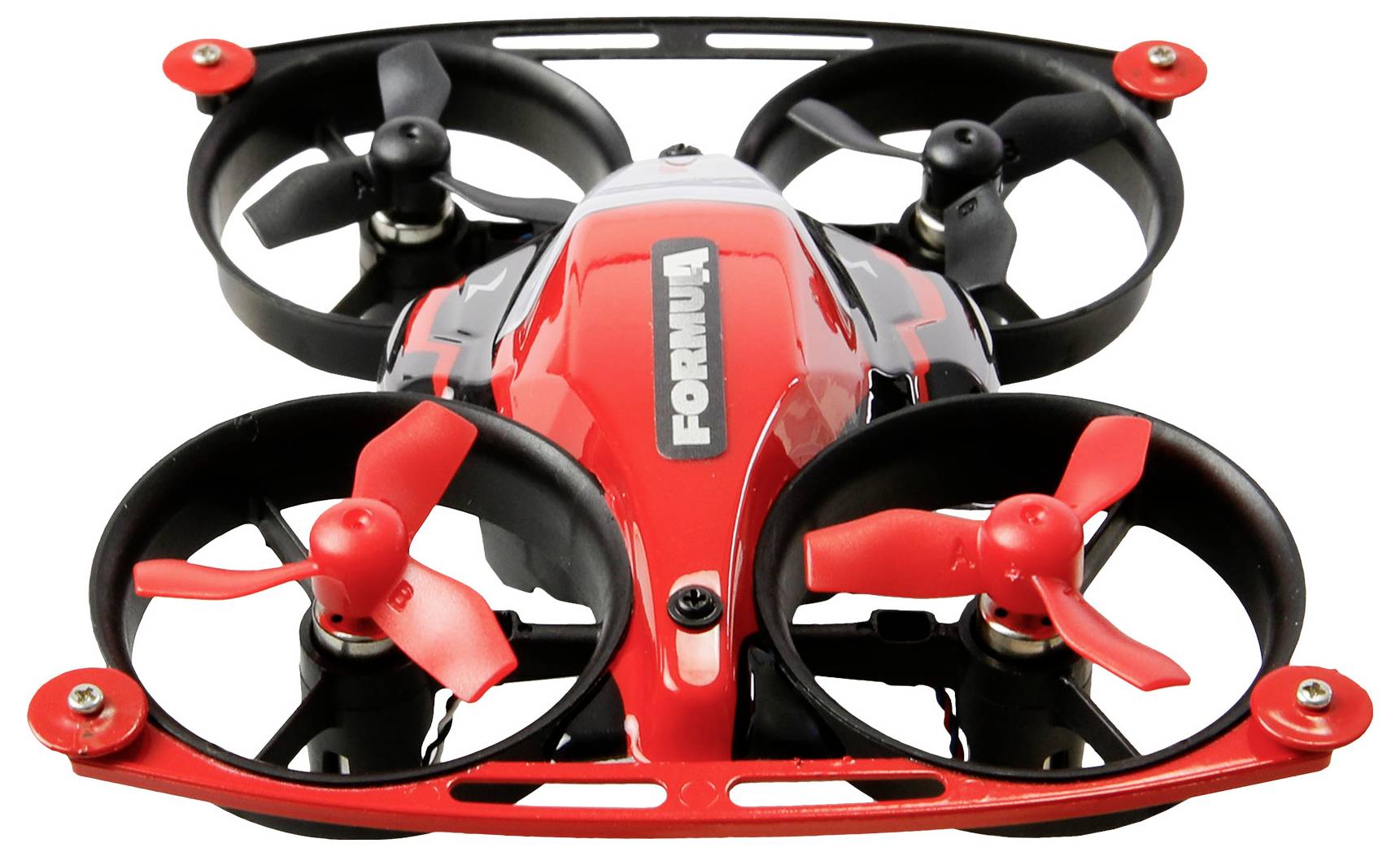 Eine kleine rote Quadcopter-Drohne mit vier geschlossenen Propellern, die für den Innenbereich entwickelt wurde. Das Wort ‚FORUMU' ist auf ihrer Oberseite sichtbar.