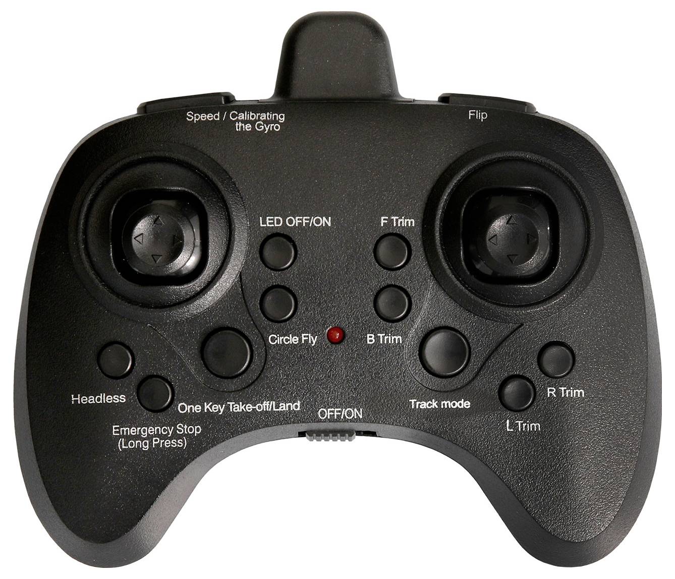 Ein schwarzer Drohnencontroller mit Tasten und Joysticks, die mit Funktionen wie 