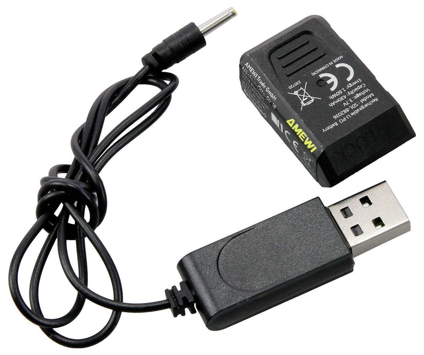 Ein USB-Ladekabel und eine wiederaufladbare Batterie für eine Kamera, die die Verbindungsmöglichkeiten und Spannungsspezifikationen zeigt.