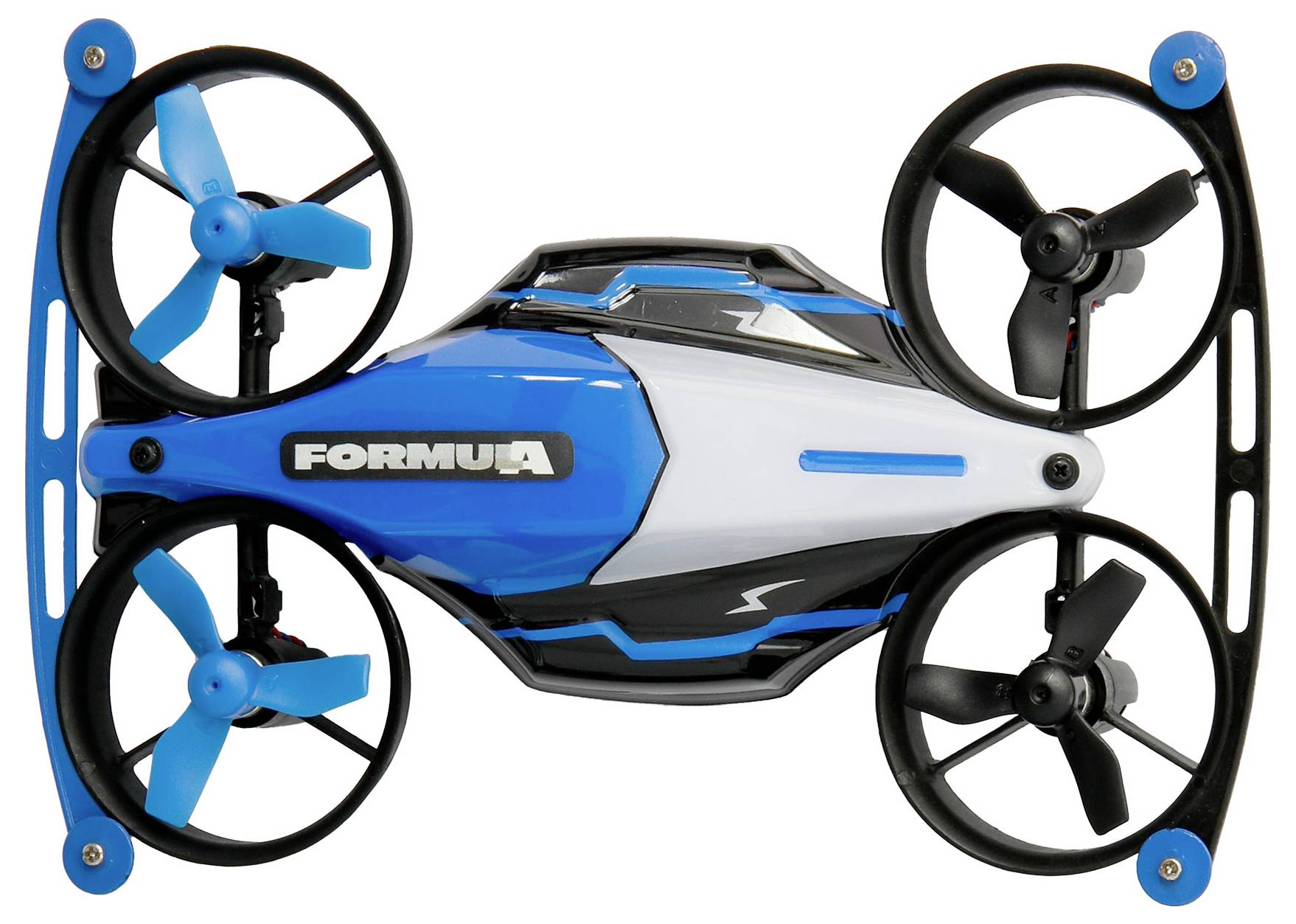 Ein blau-schwarzer Formel-Renndrohne mit vier Propellern und einem stromlinienförmigen Design wird vor einem weißen Hintergrund präsentiert.